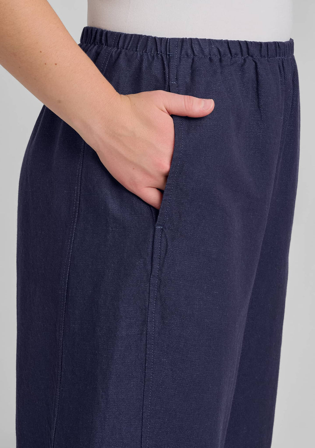 view of pocket on side of barrel leg pants