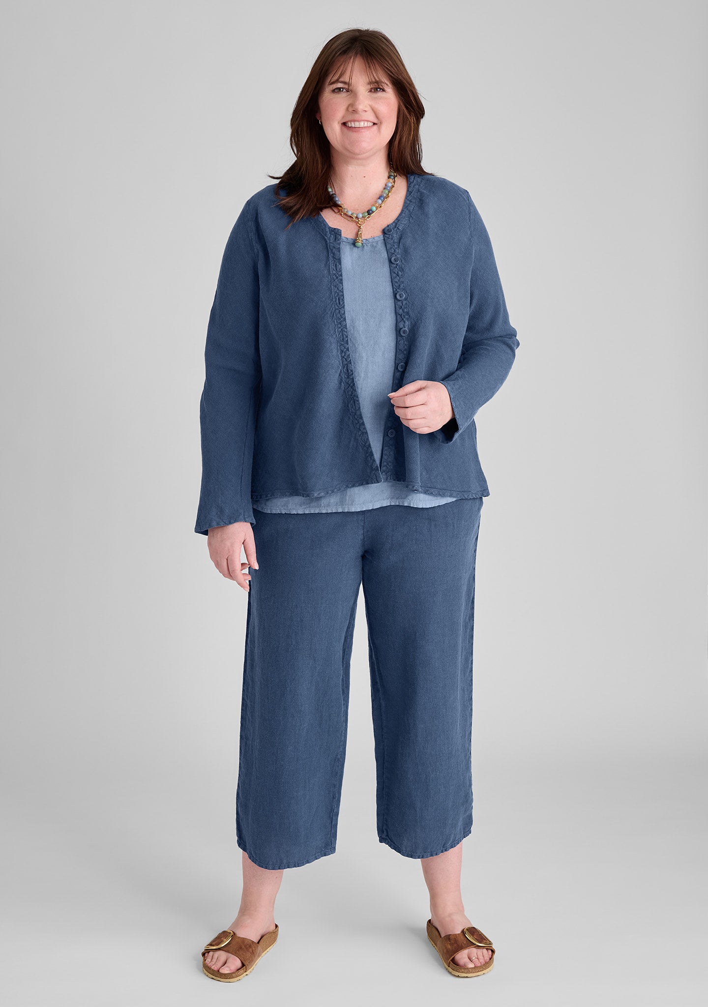 FLAX linen blouse in blue with linen tank in blue and linen pants in blue