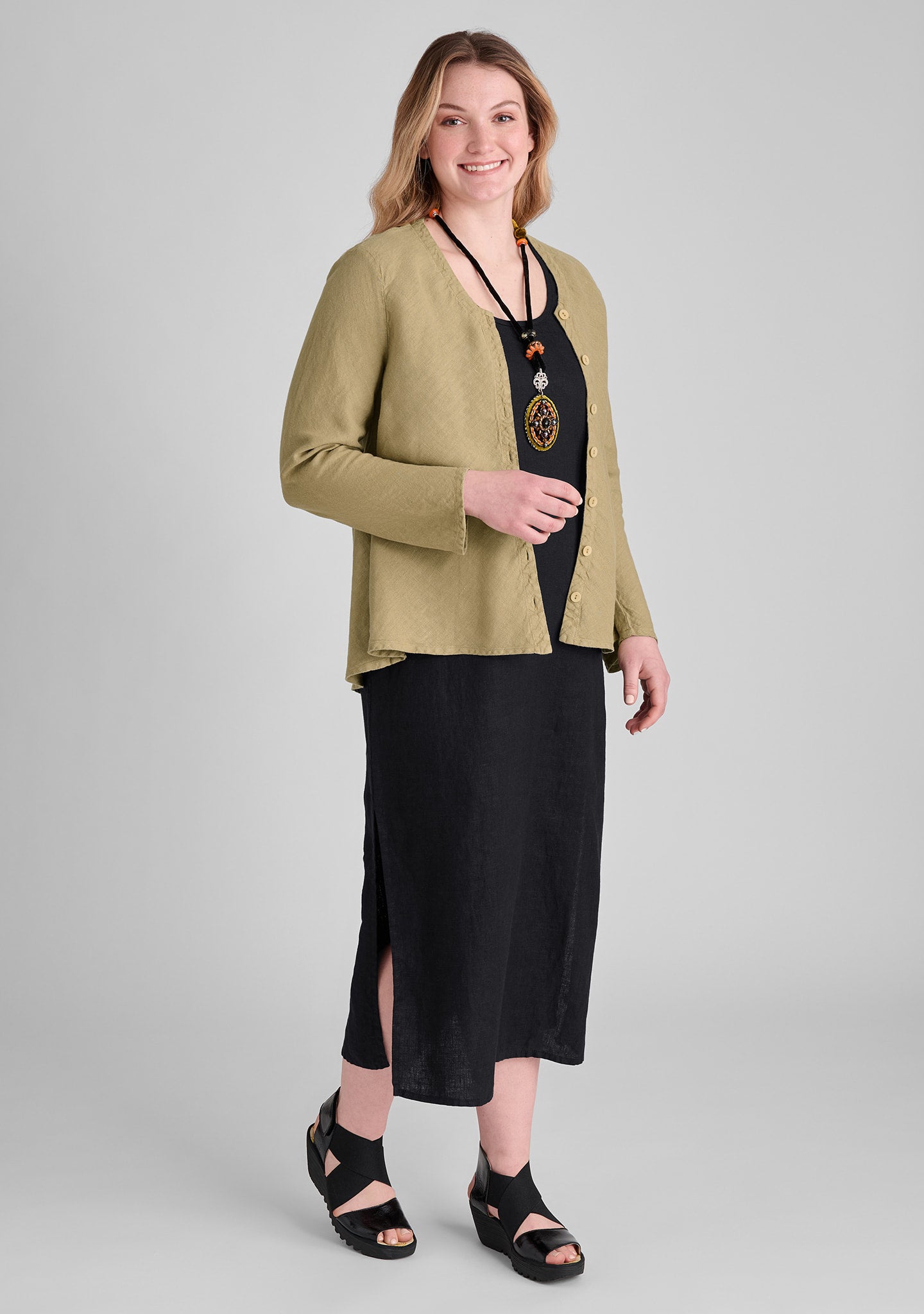 FLAX linen blouse in green with linen dress in black