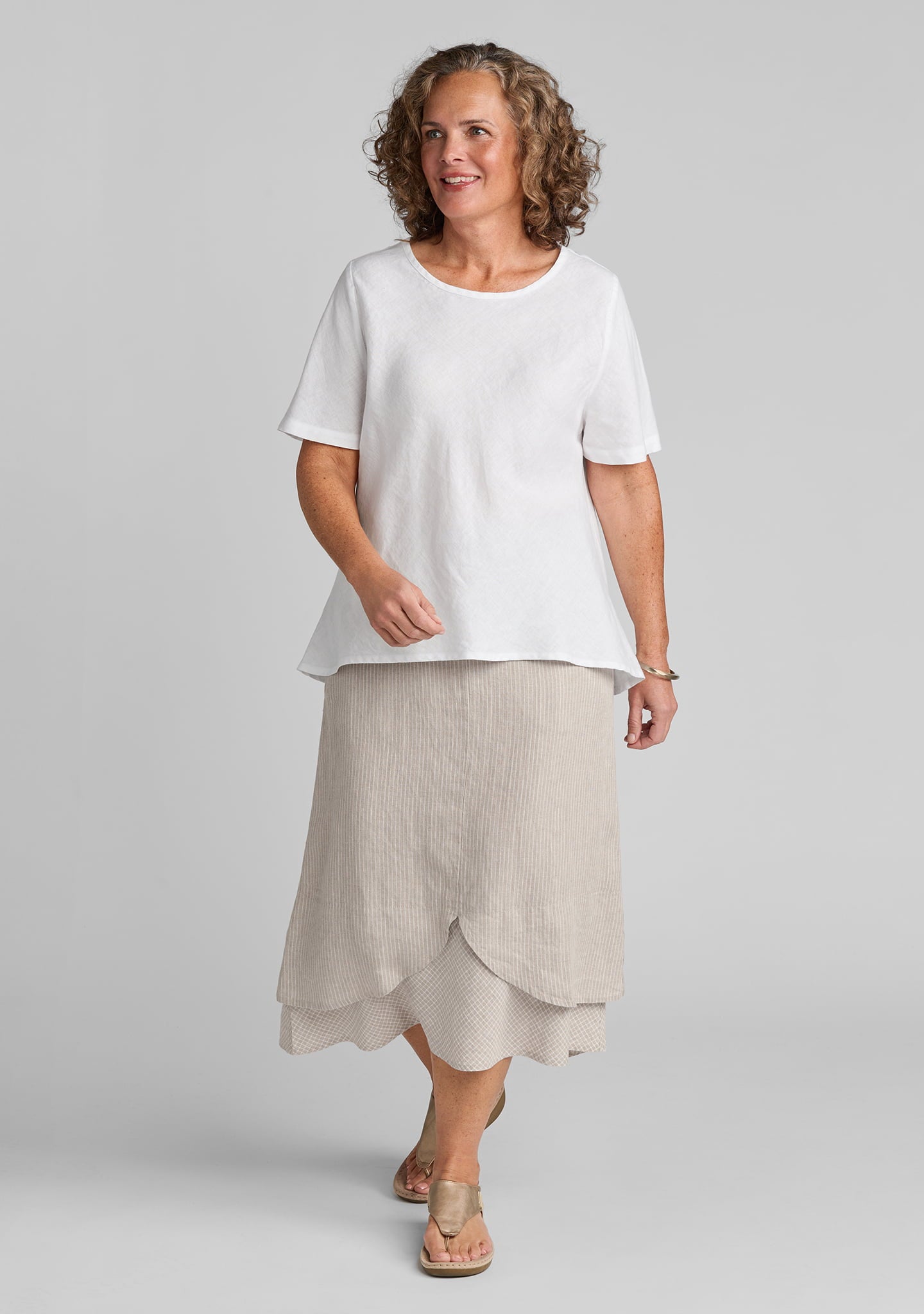 FLAX linen tee shirt in white with linen skirt in natural