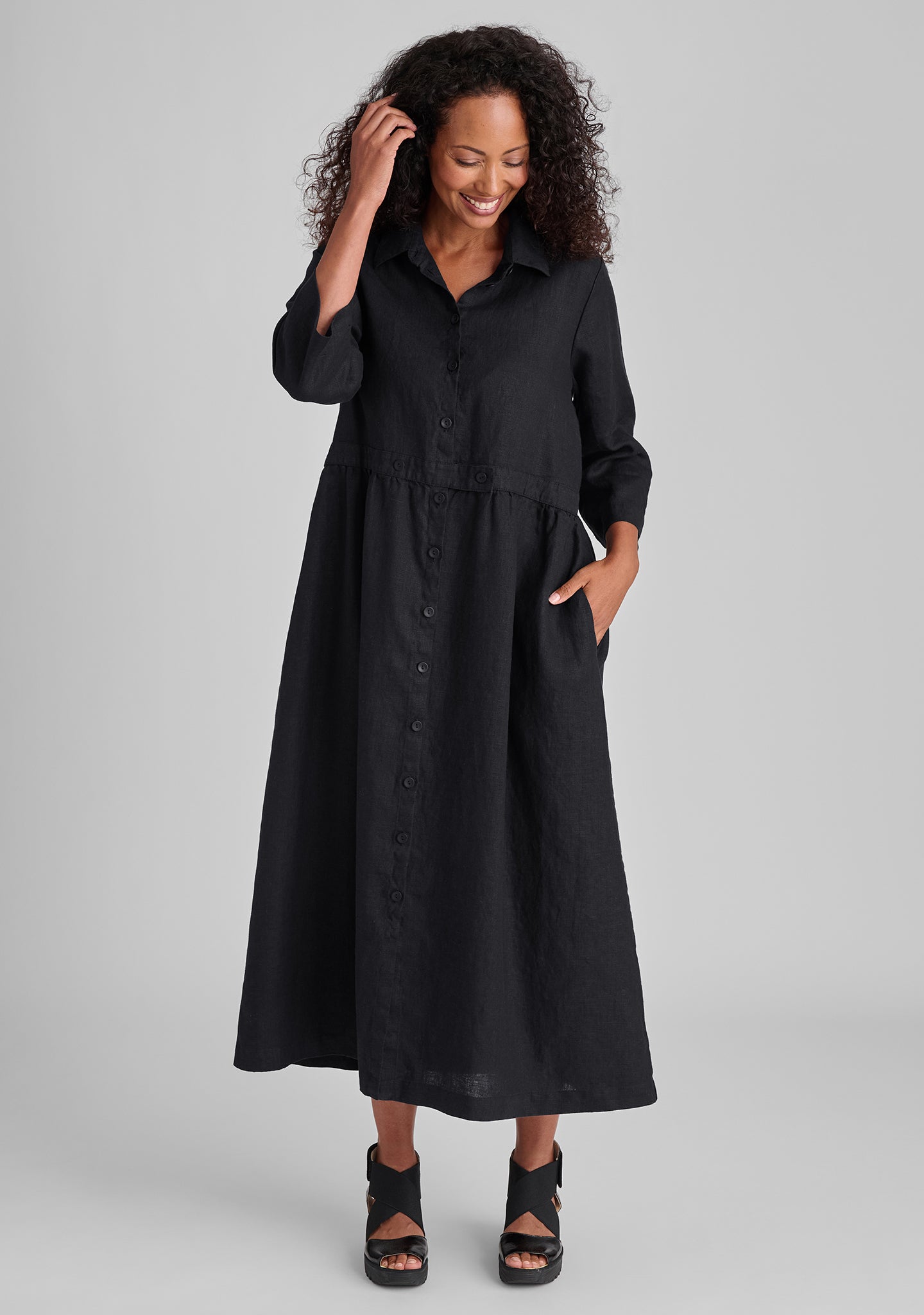 button down dress linen maxi dress black