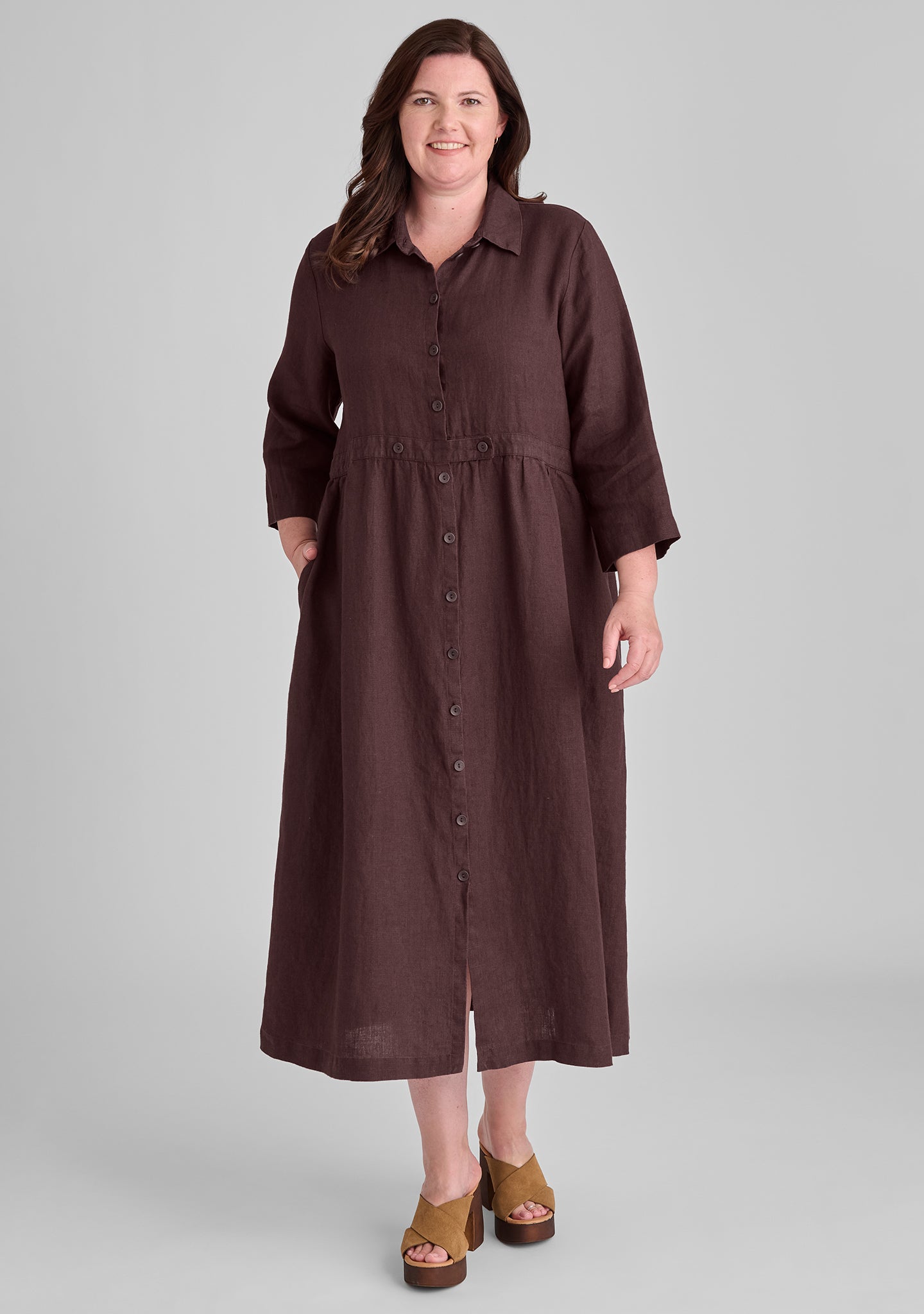 button down dress linen maxi dress brown