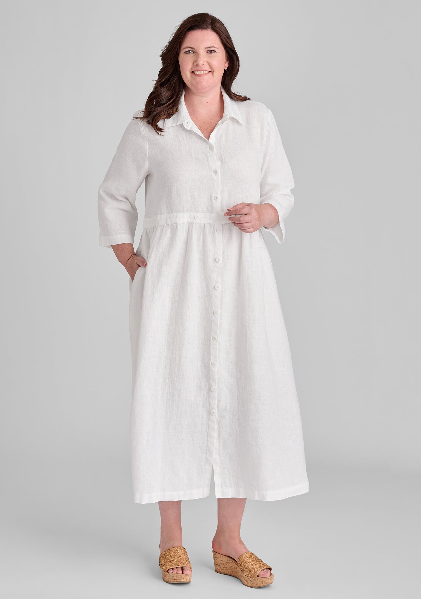 button down dress linen maxi dress white