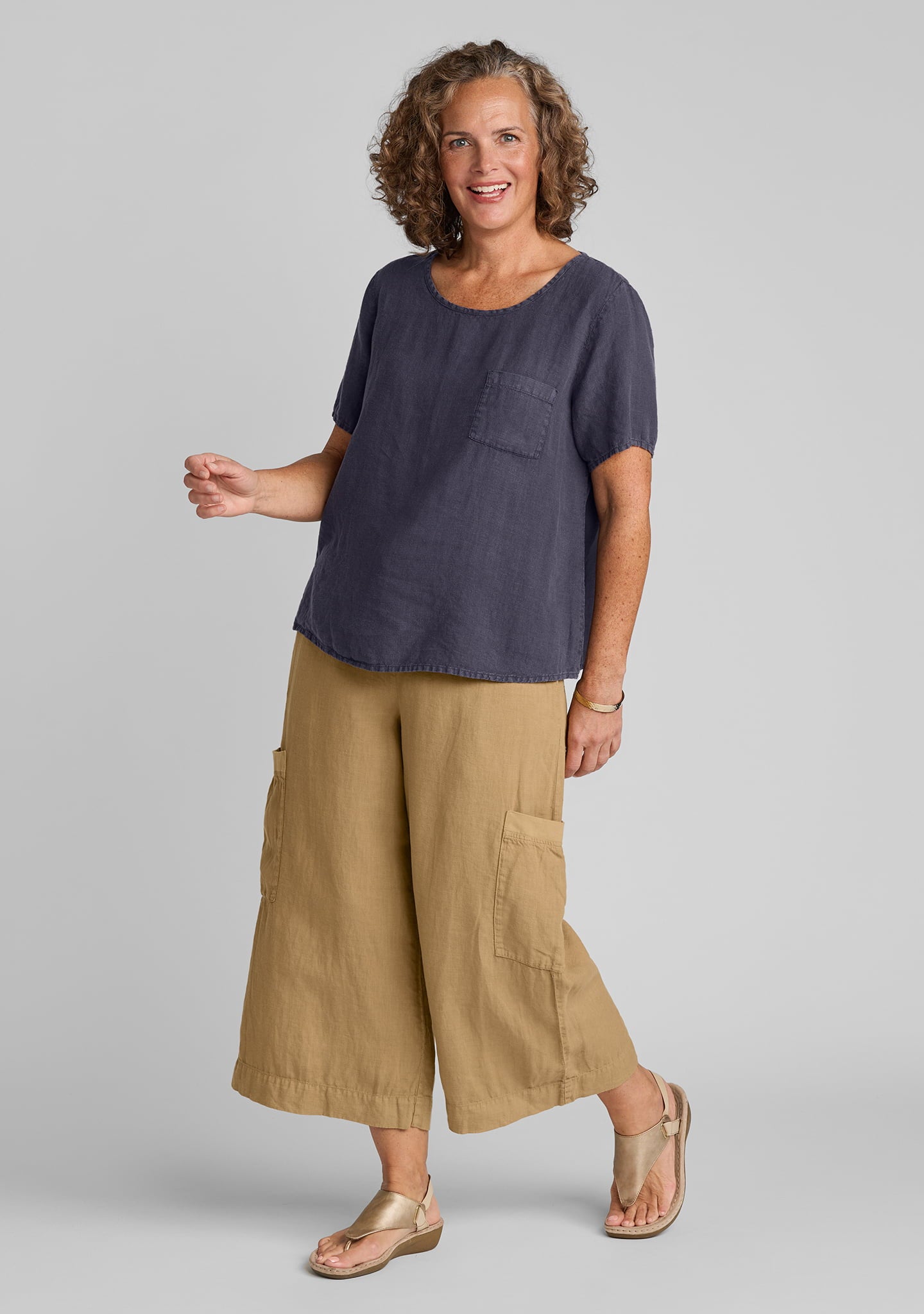 FLAX linen tee shirt in blue with linen pants in brown