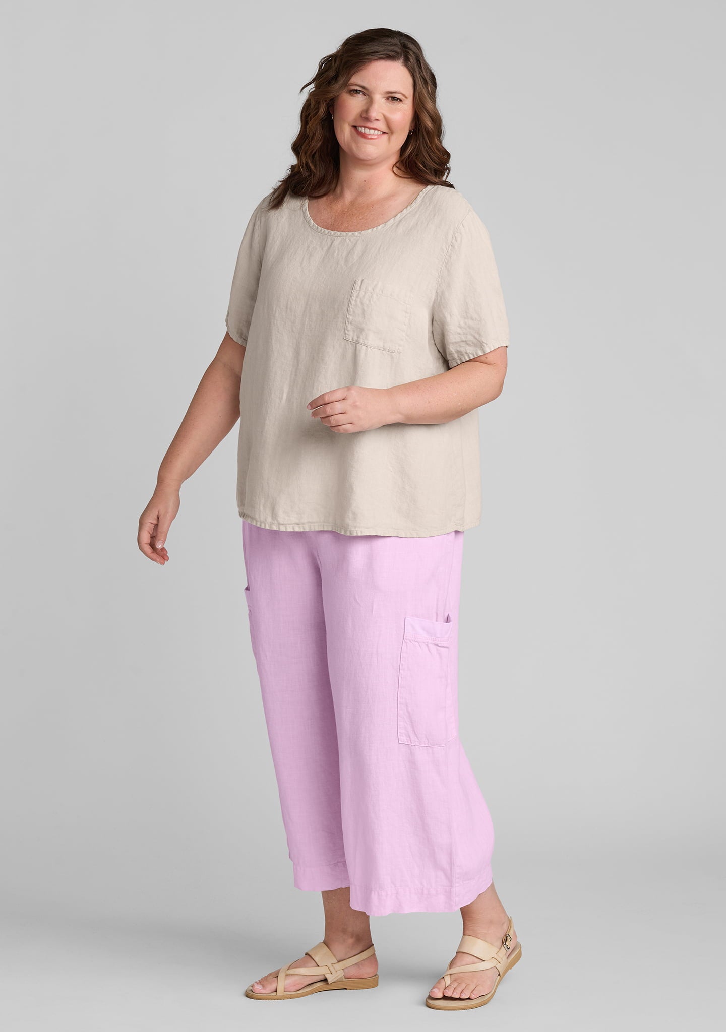 FLAX linen t shirt in natural with linen pants in pink