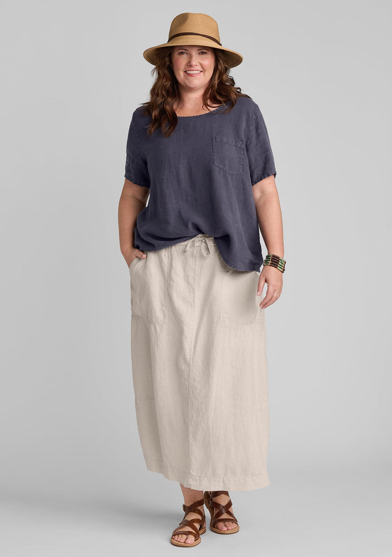 FLAX linen tee shirt in blue with linen skirt in natural