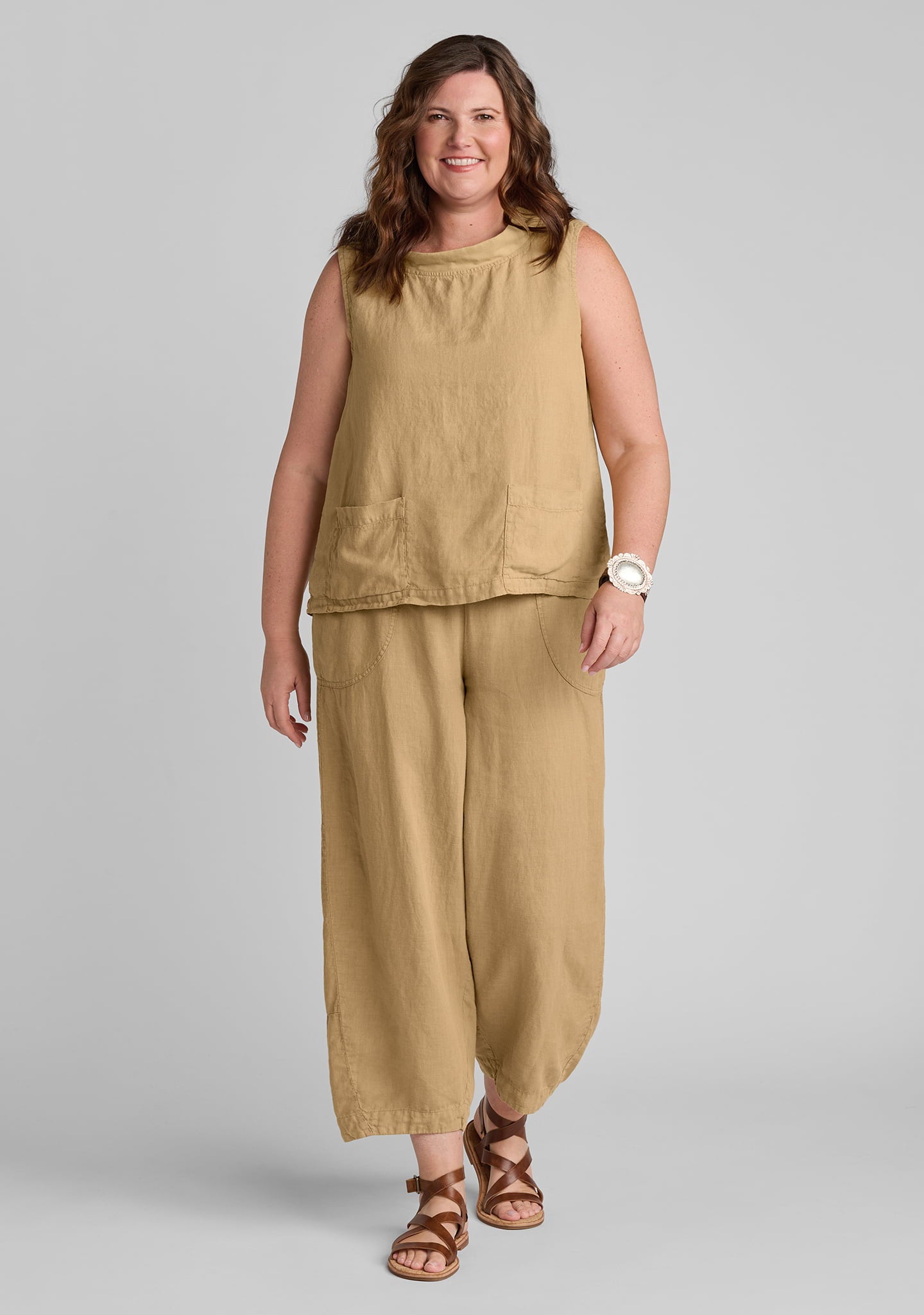FLAX linen tank top in brown with linen pants in brown