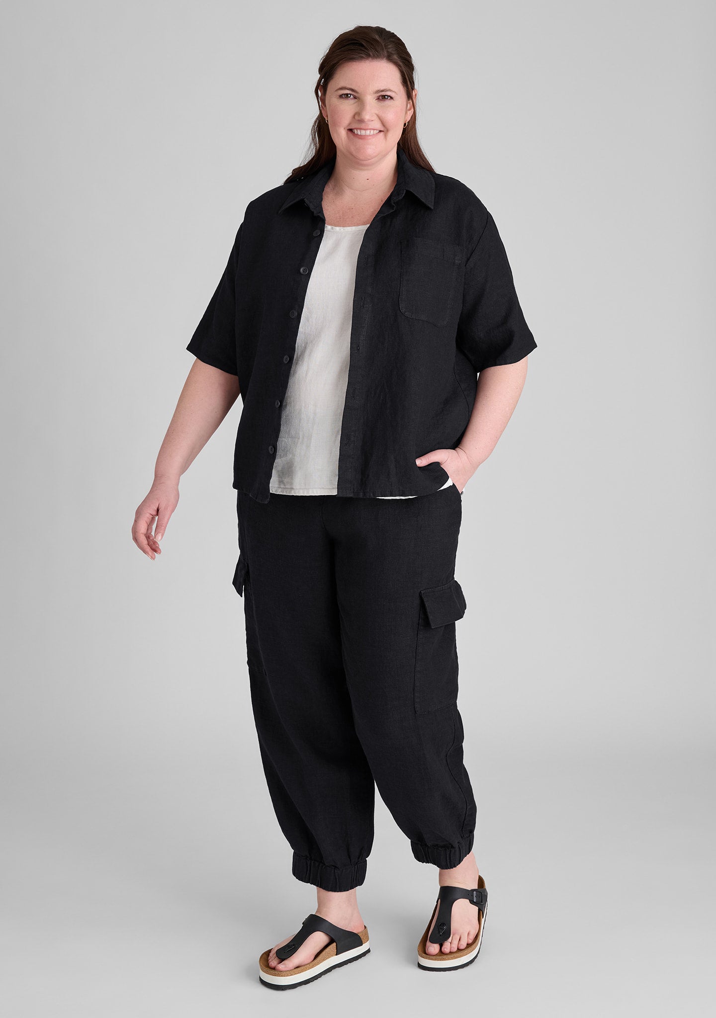 FLAX linen shirt in black with linen tank in white and linen pants in black