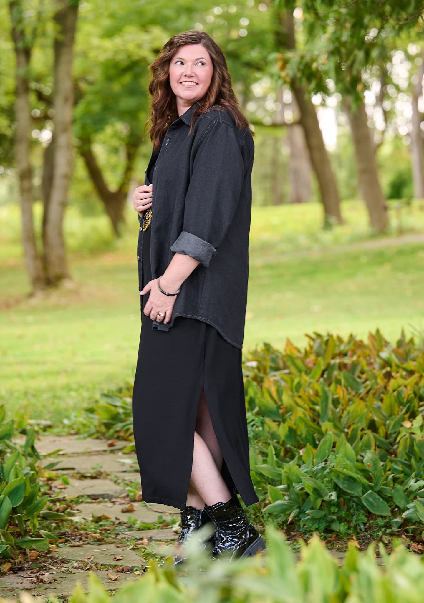 spandex cotton blend dress in black with linen cotton blend denim shirt in blue