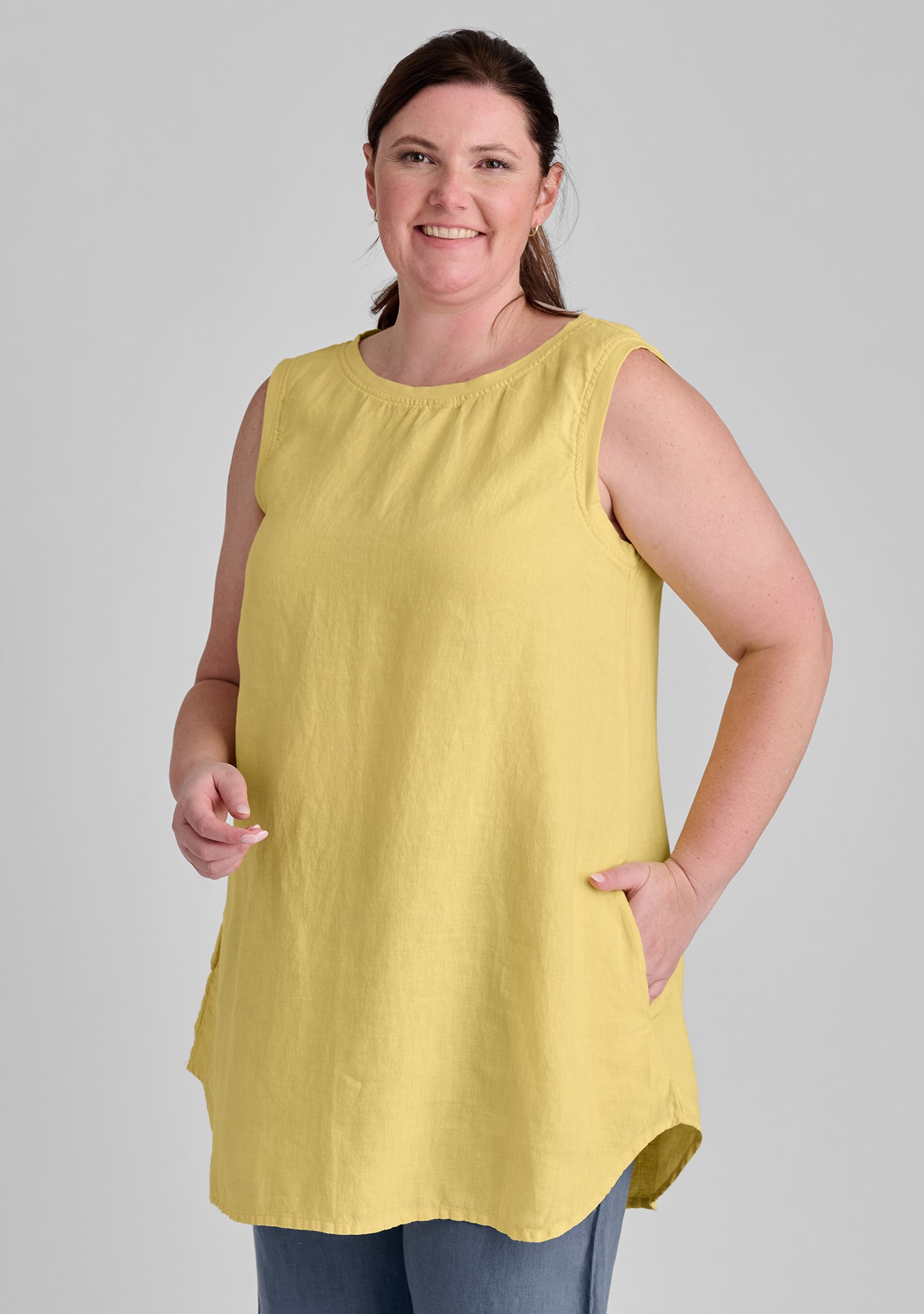 Decorated linen Plain tank top ARIA . Sleeveless linen top. Round popular neck flax shirt. Linen tunic. Plain blouse. Mustard blouse. Boat neck top.