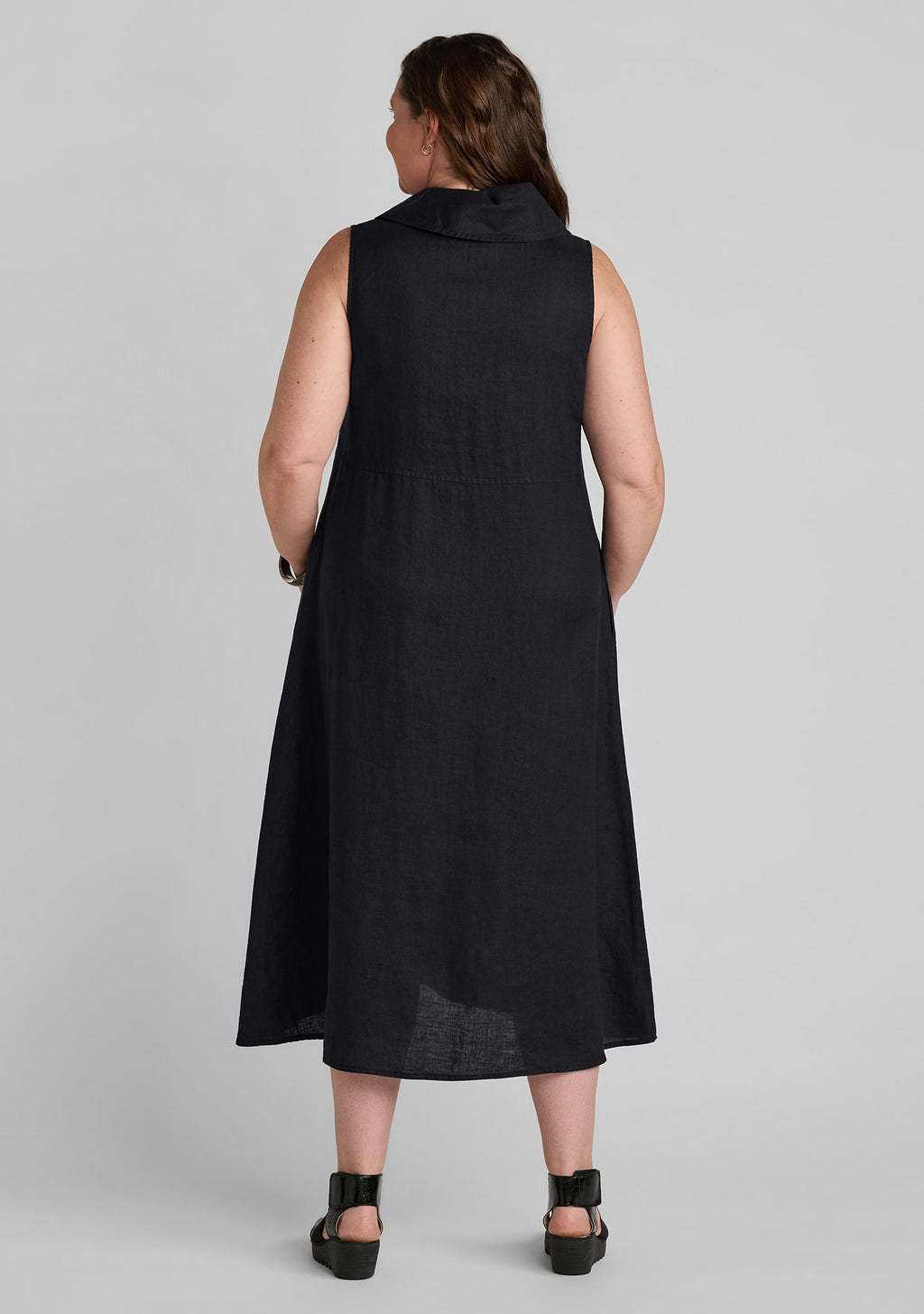 back view of women's black linen dress