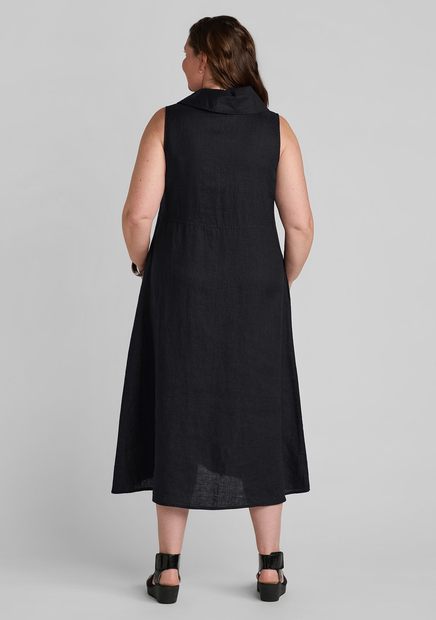 back view of women's black linen dress