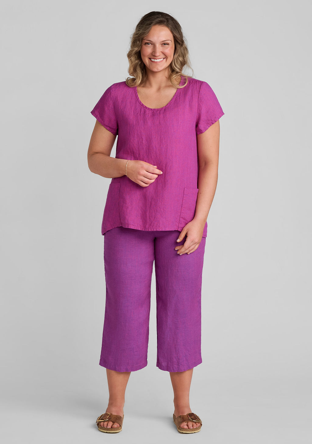 women's linen tee in purple with linen pants in purple