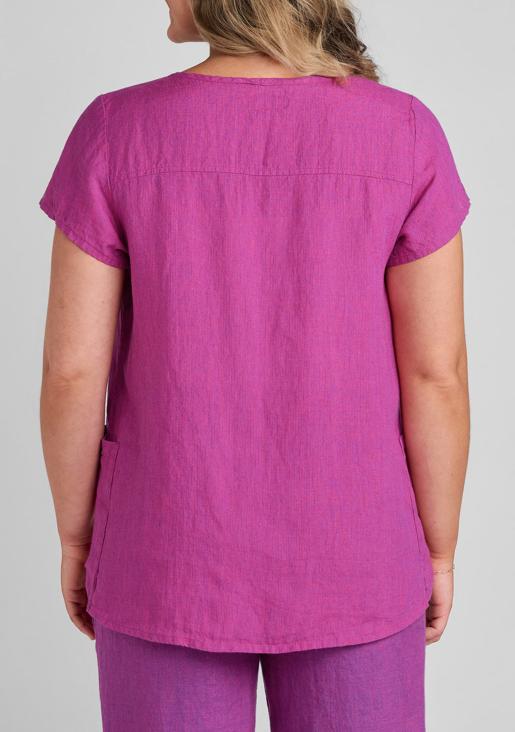 back view of women's linen shirt in purple