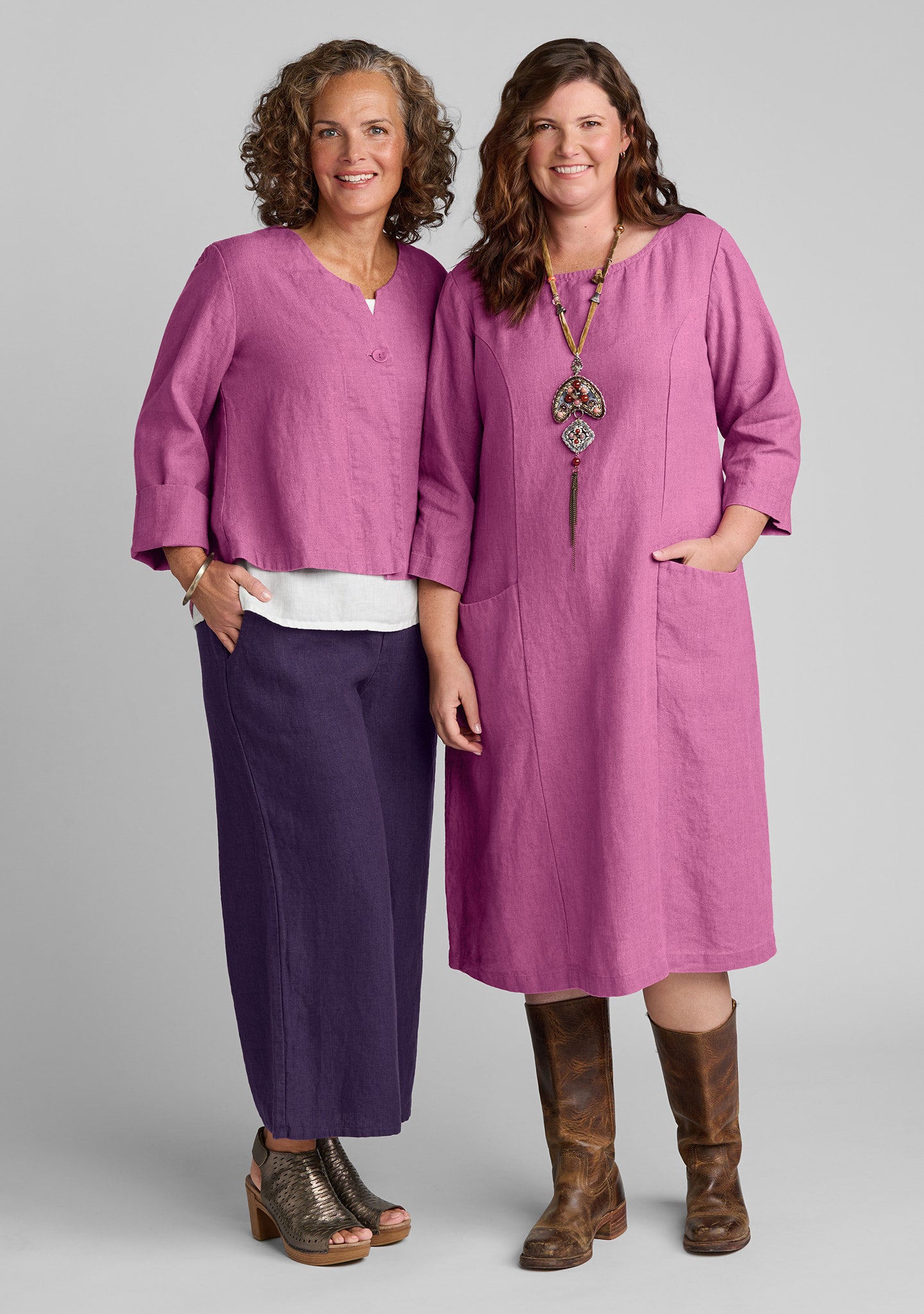 FLAX linen shirt and dress in pink and linen pants in purple