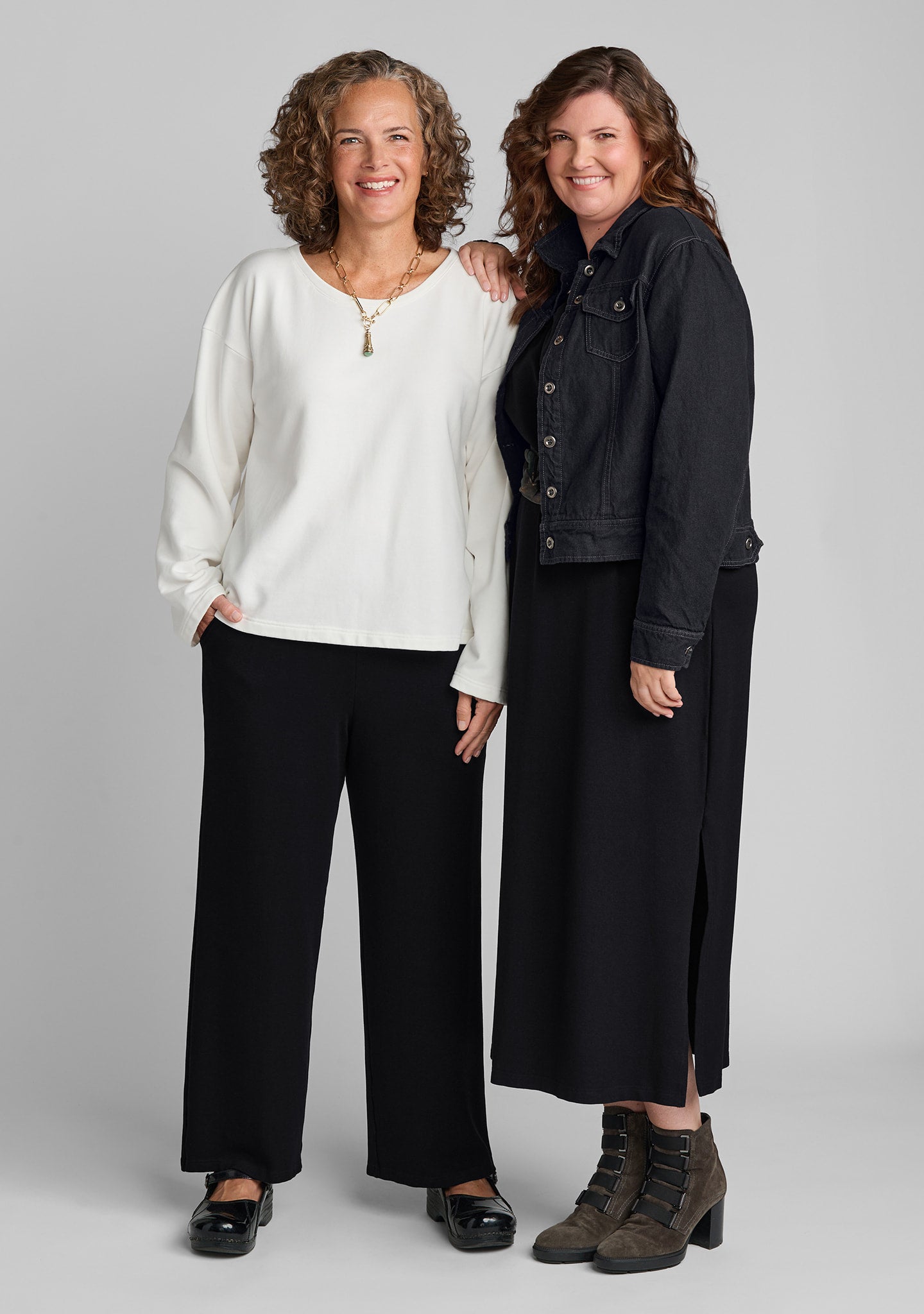 cotton shirt in white with viscose pants in black and viscose dress in black