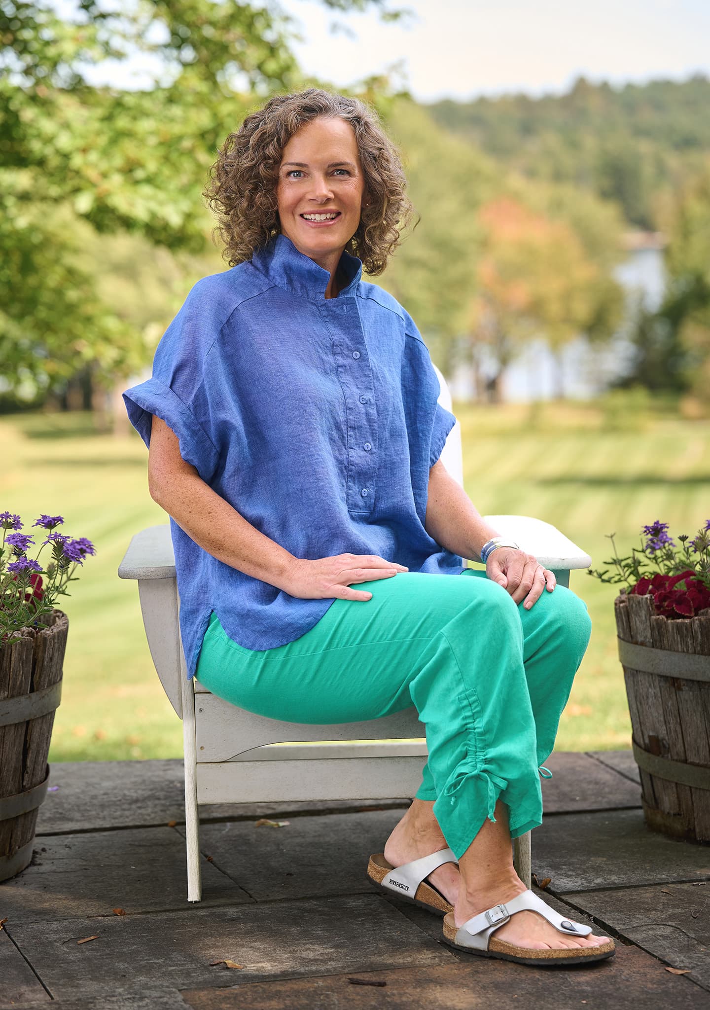 FLAX linen shirt in blue with linen pants in green