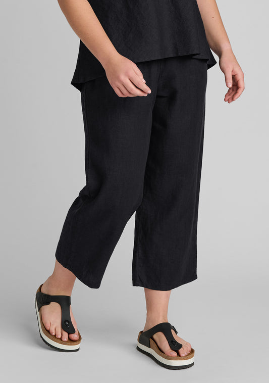 cropped floods linen pants with elastic waist black