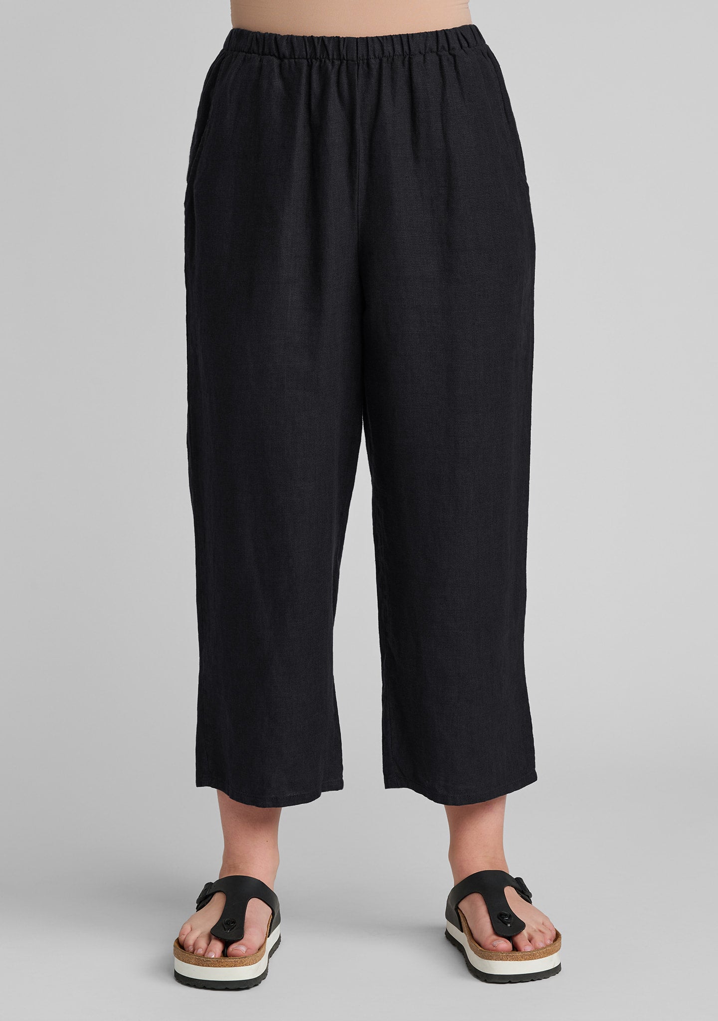 cropped floods linen pants with elastic waist details