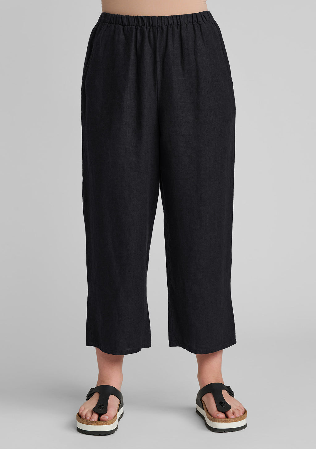 front view black linen crop pant cropped floods linen pants with elastic waist details