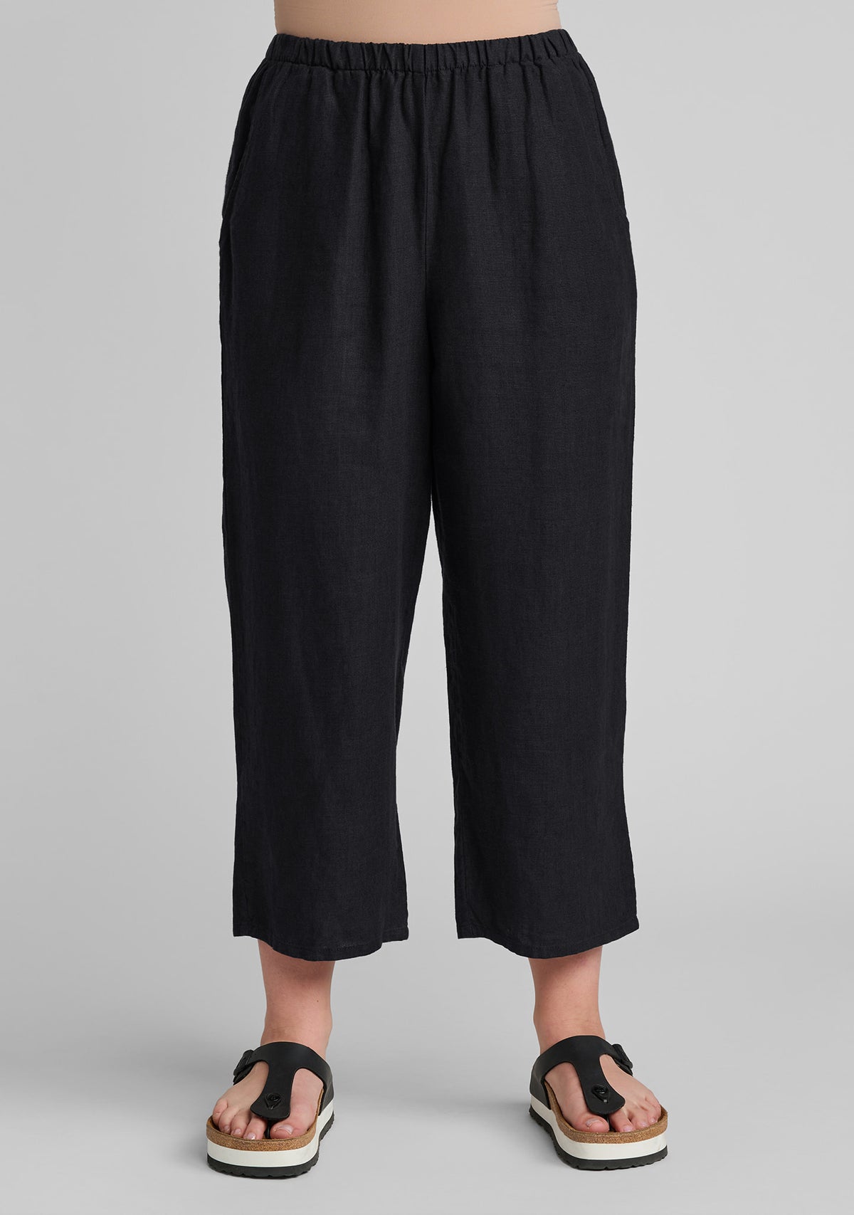 front view black linen crop pant cropped floods linen pants with elastic waist details