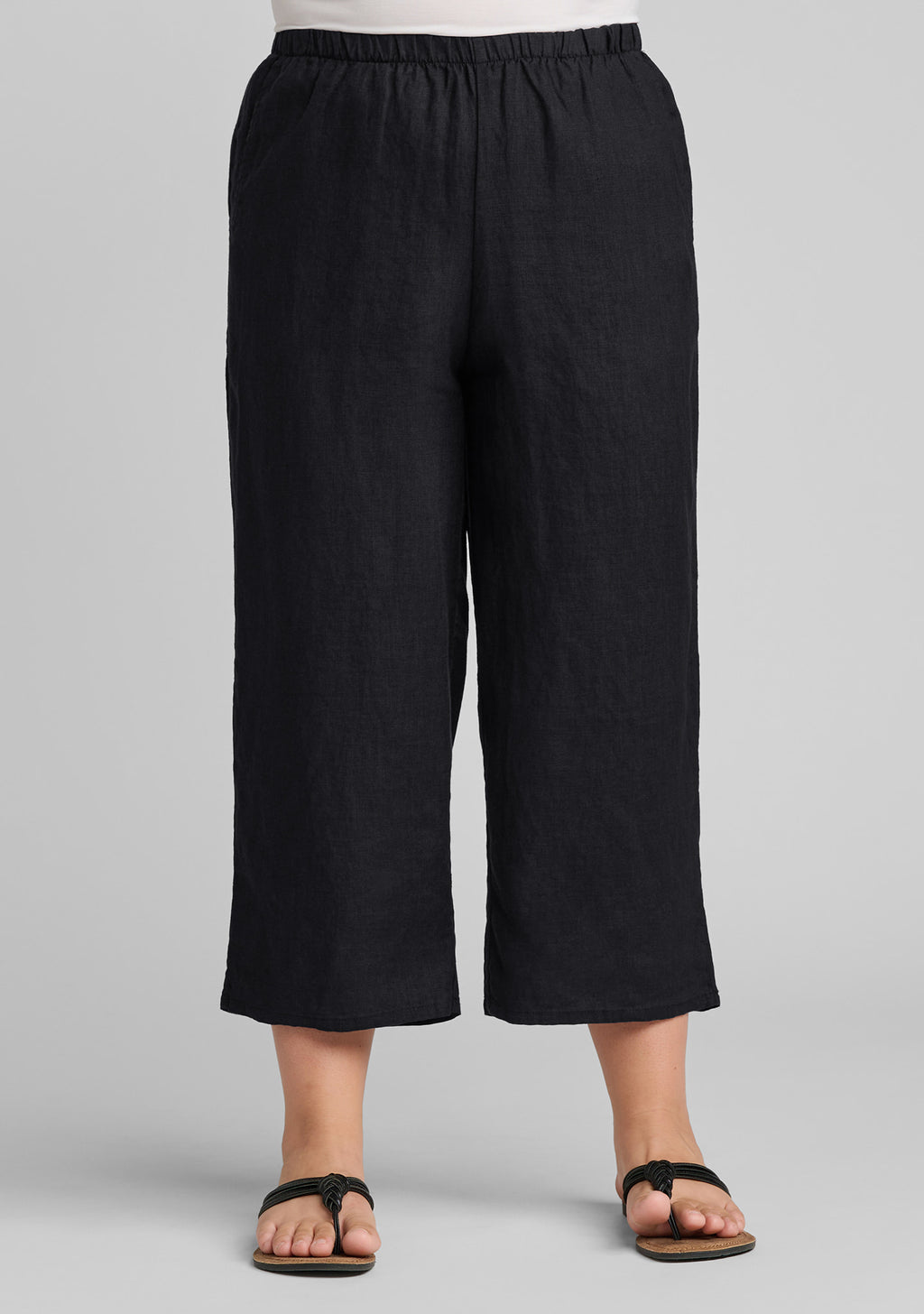 front view black linen crop pant cropped floods linen pants with elastic waist details