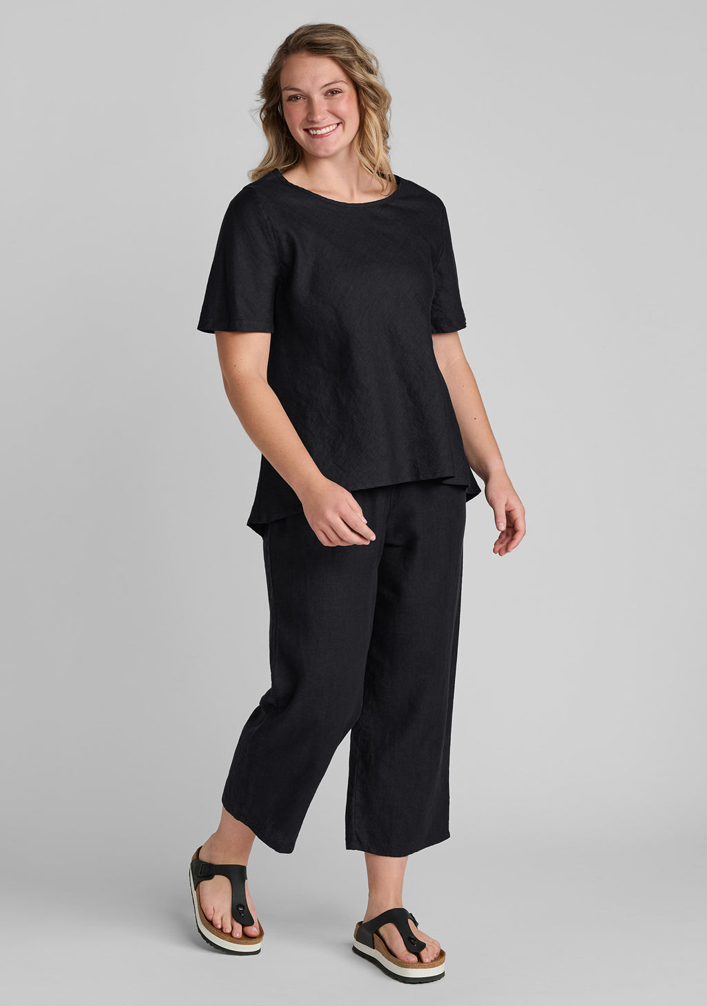 full outfit black linen shirt with black linen crop pant cropped floods linen pants with elastic waist details