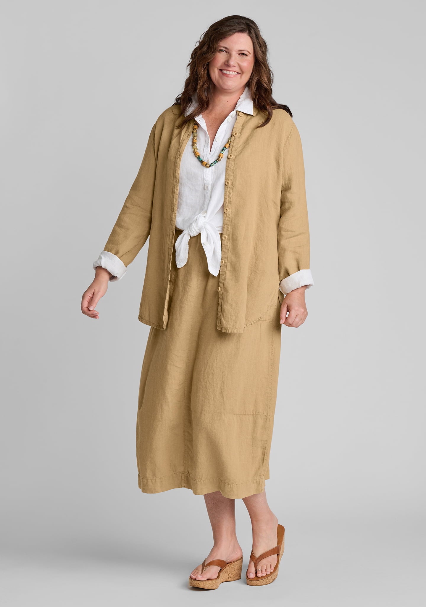 FLAX linen blouse in brown with linen blouse in white and linen skirt in brown