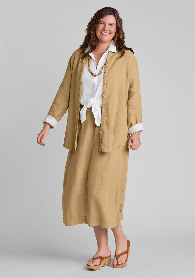 FLAX linen blouse in brown with linen blouse in white and linen skirt in brown