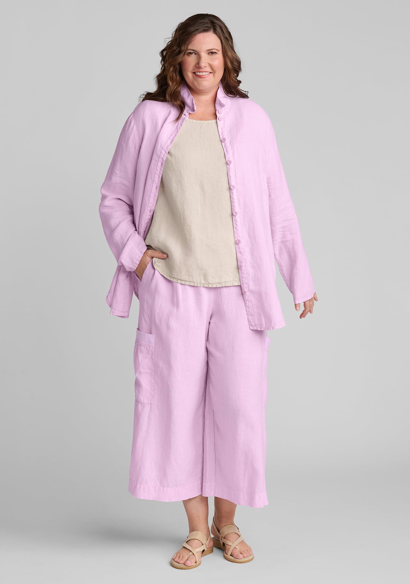 FLAX linen shirt in pink with linen t shirt in natural and linen pants in pink