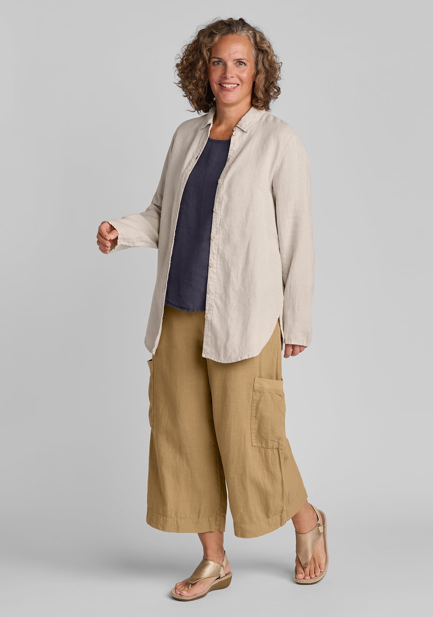 FLAX linen blouse in natural with linen tee in blue and linen pants in brown
