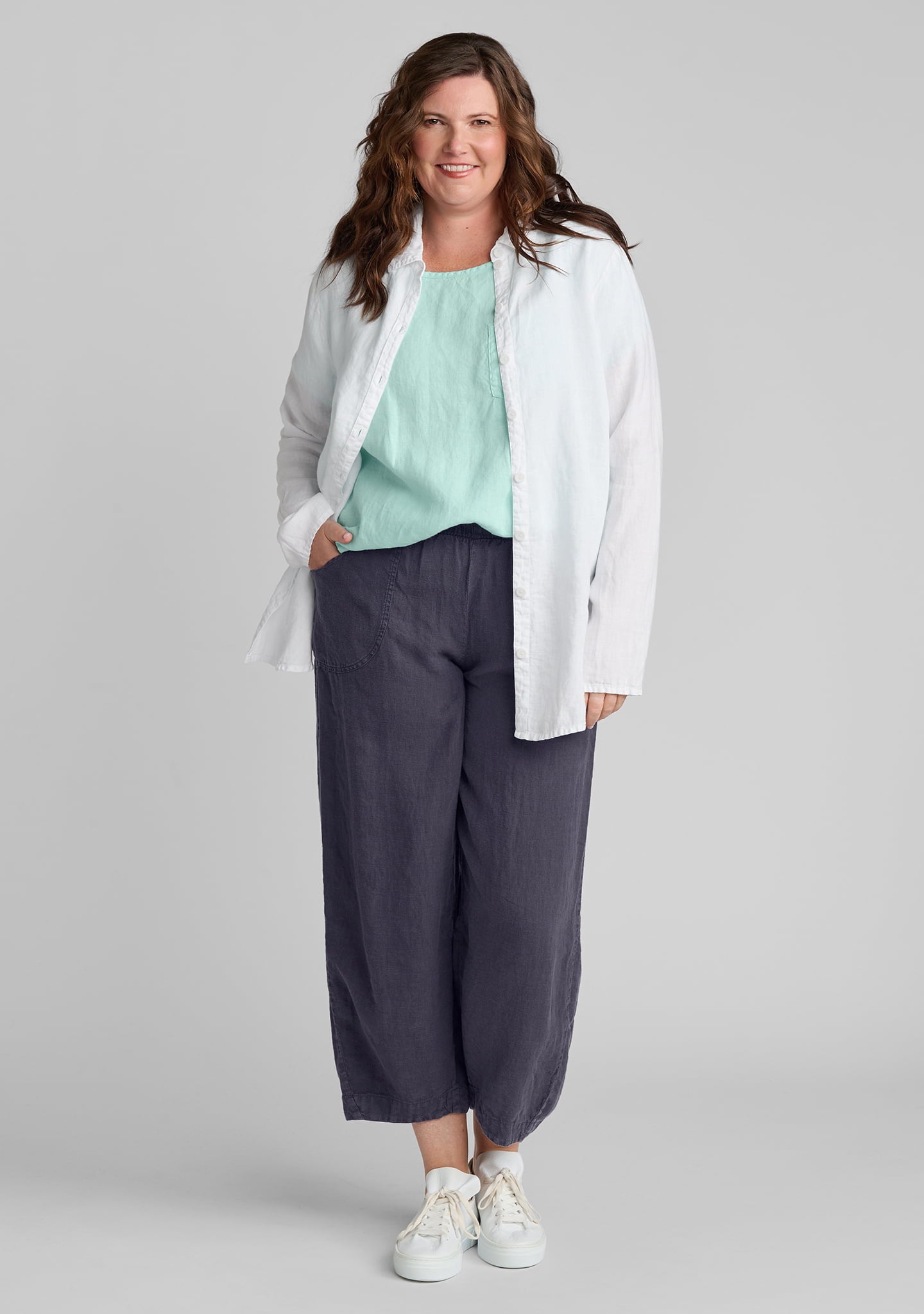 FLAX linen shirt in white with linen tee in green and linen pants in blue