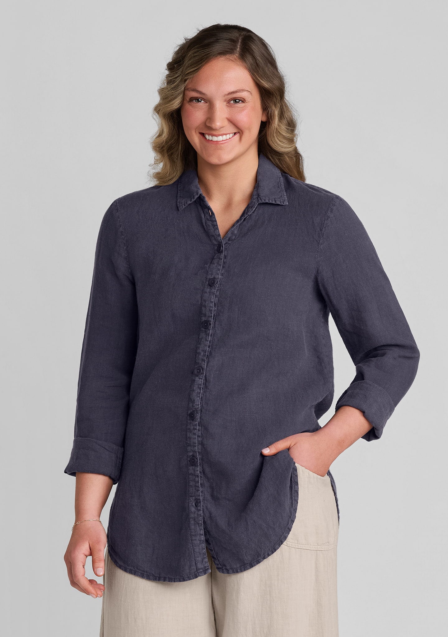 crossroads blouse linen button down shirt blue