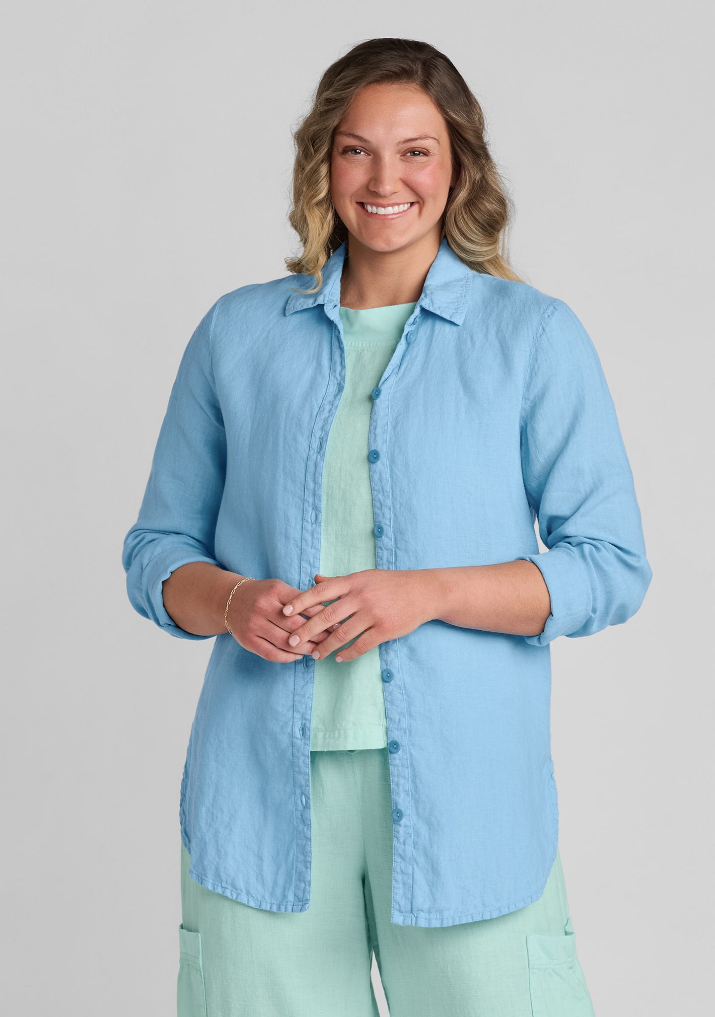 crossroads blouse linen button down shirt bright blue