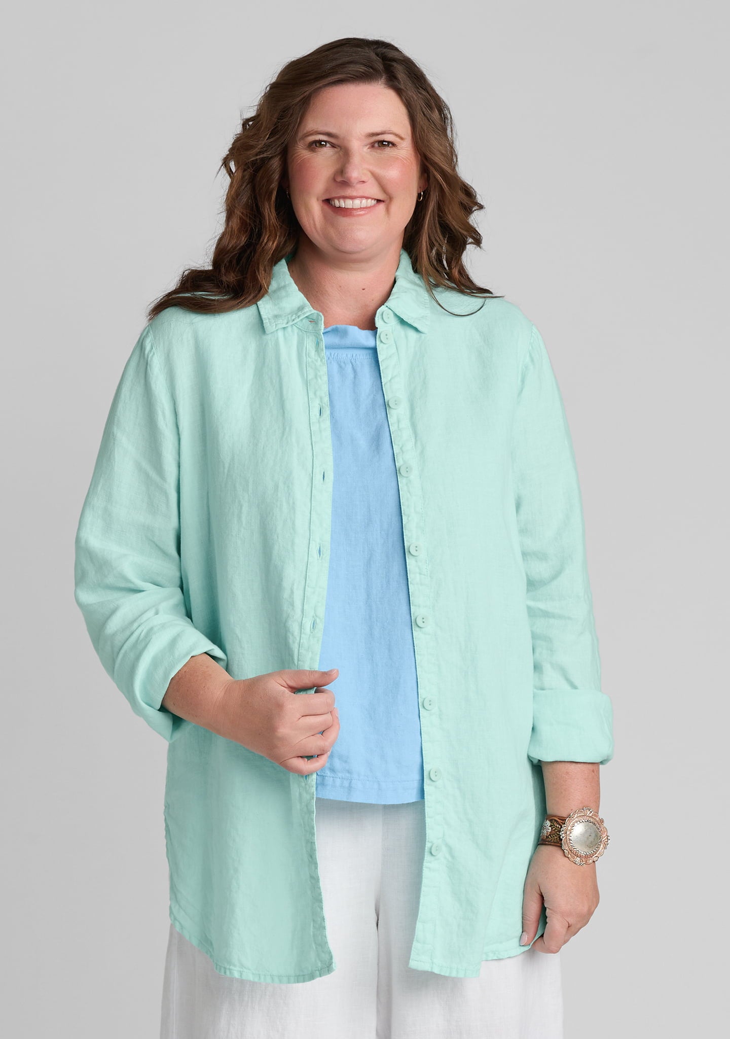 Crossroads Blouse - Linen Button Down Shirt - Seagreen