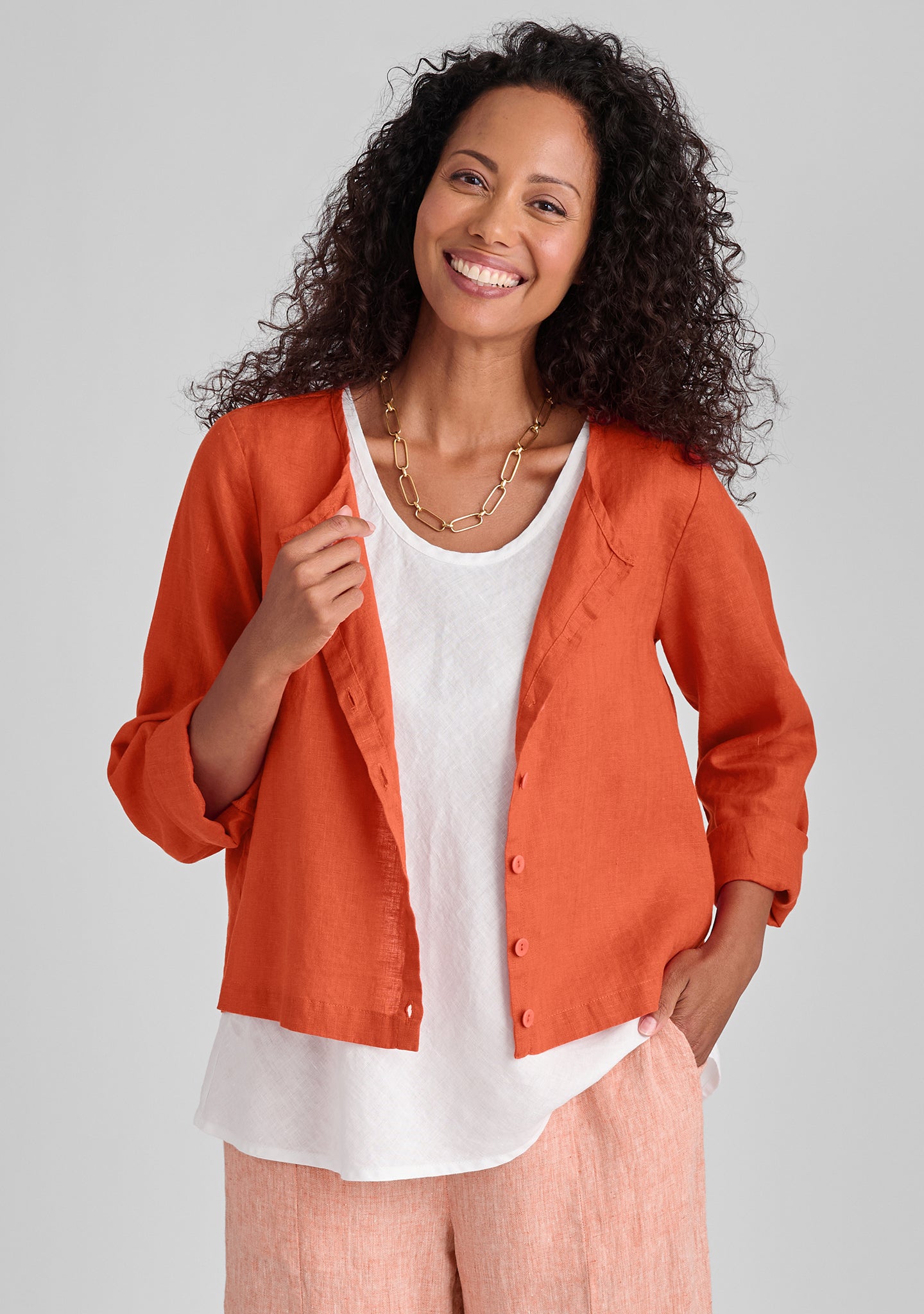 cute cardigan long sleeve linen blouse orange