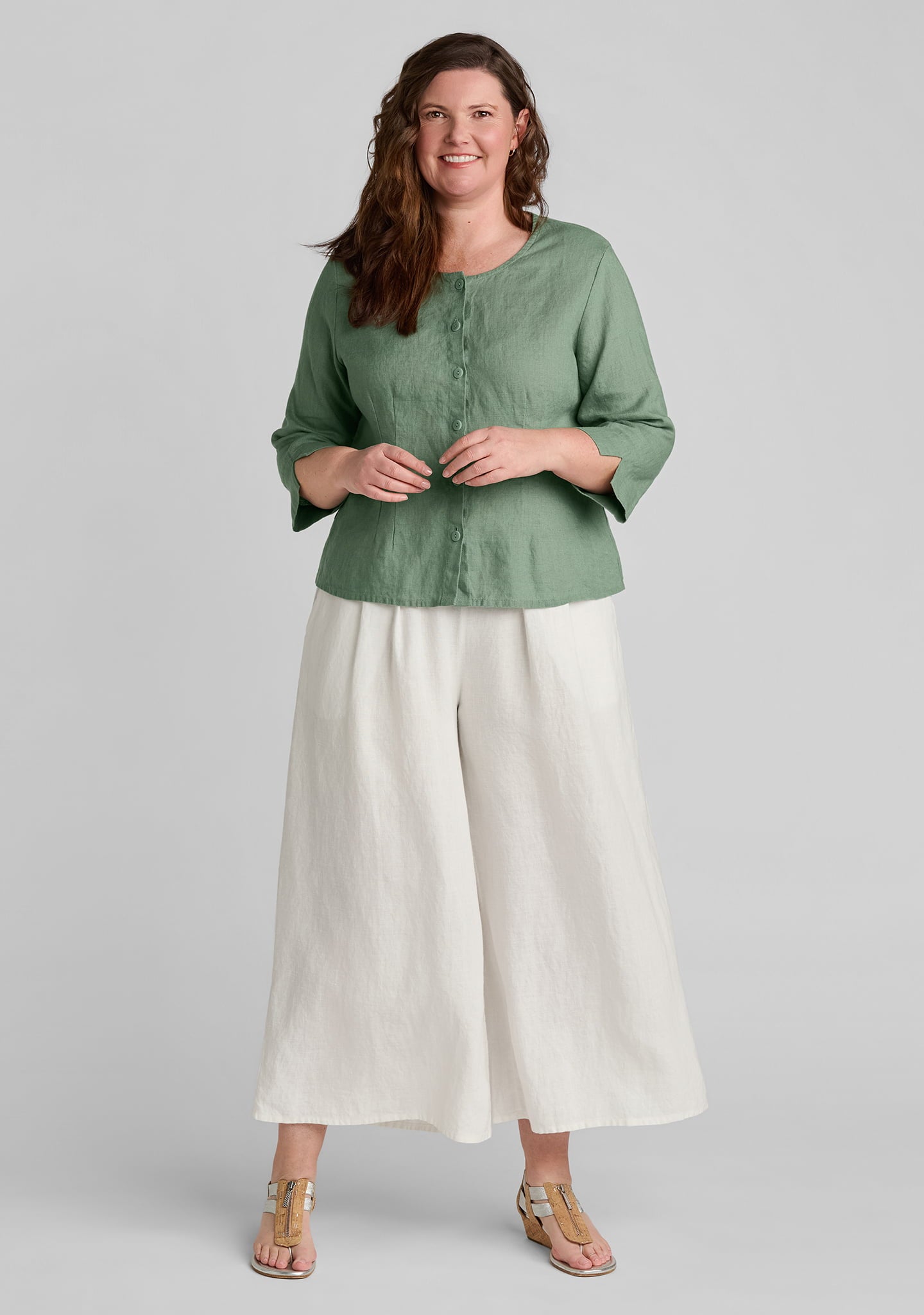 linen blouse in green with linen pants in white
