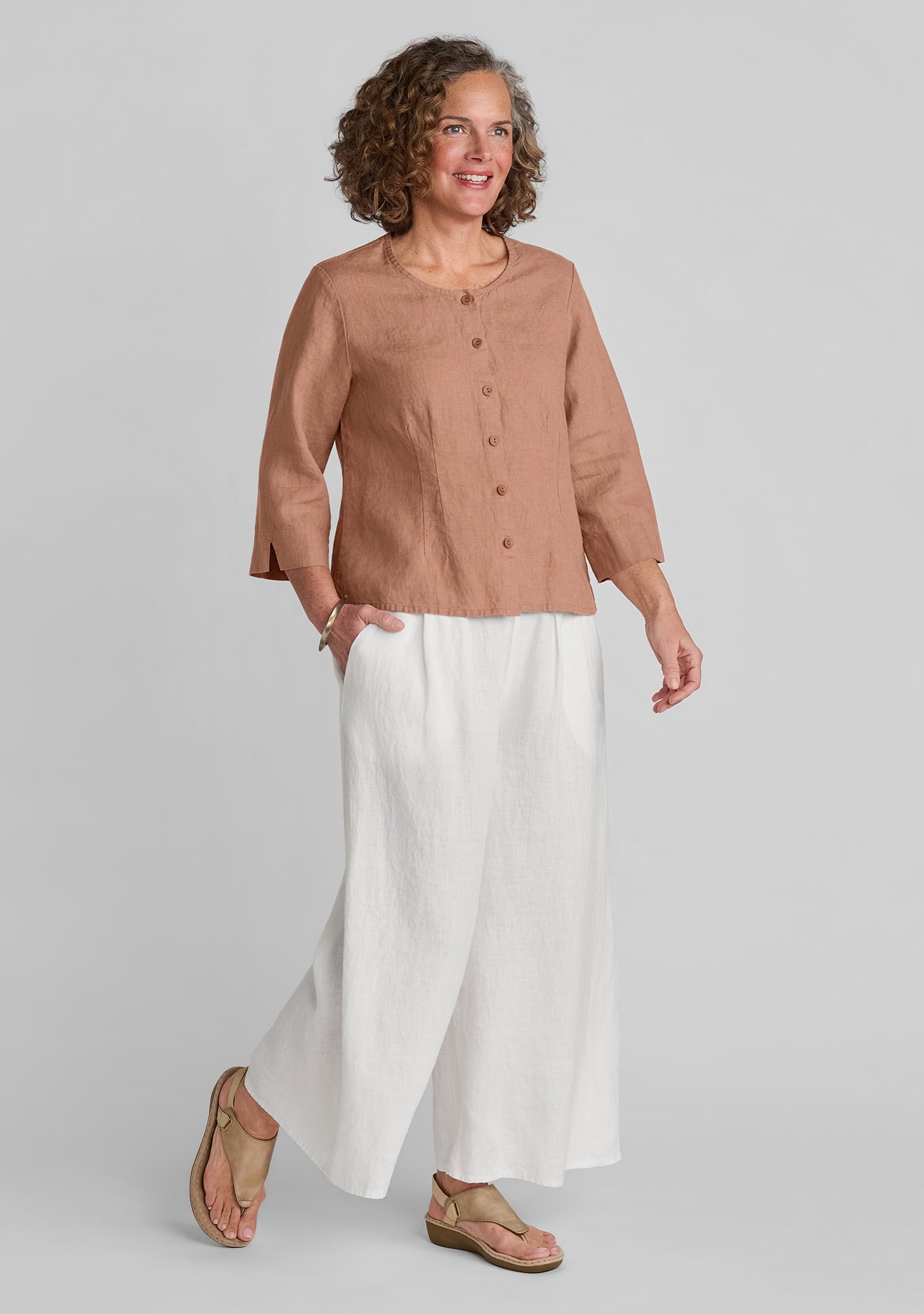 linen blouse in brown with linen pants in white