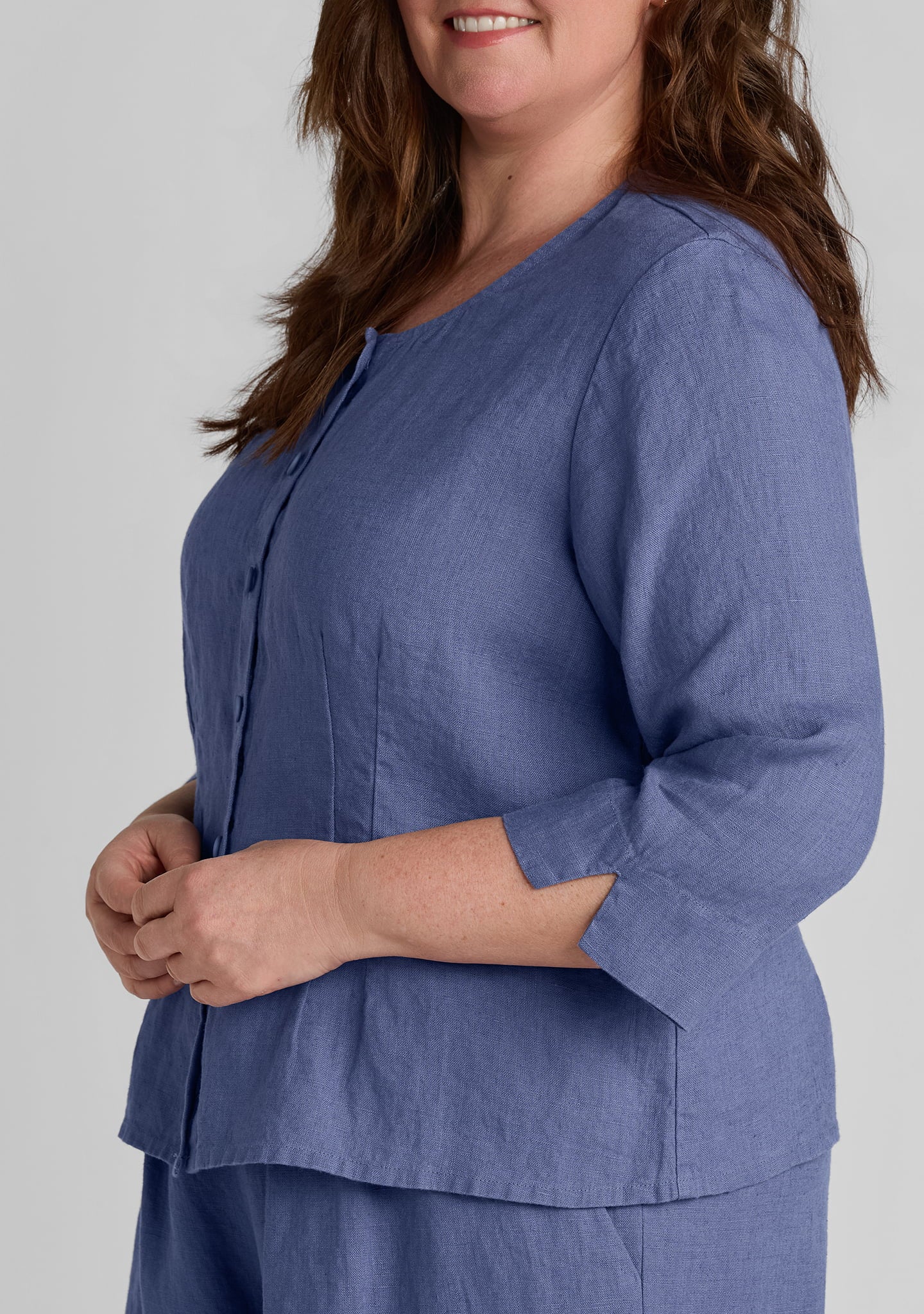 dainty cardigan linen button down details