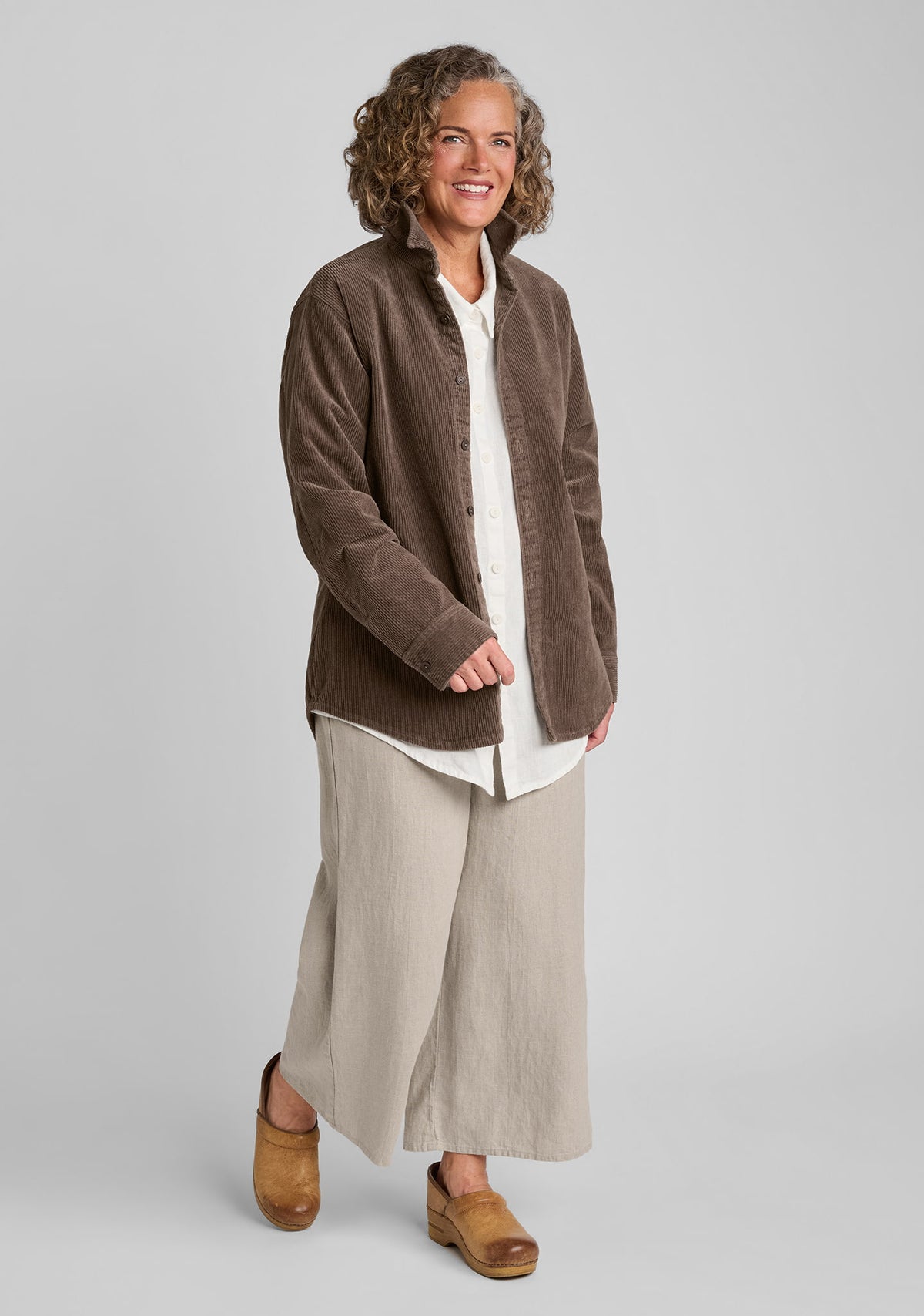 FLAX cotton blend corduroy shirt in brown with linen blouse in white and linen pants in natural