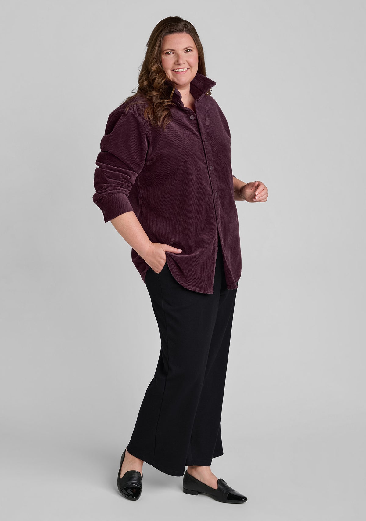 cotton blend corduroy shirt in purple with soft pants in black