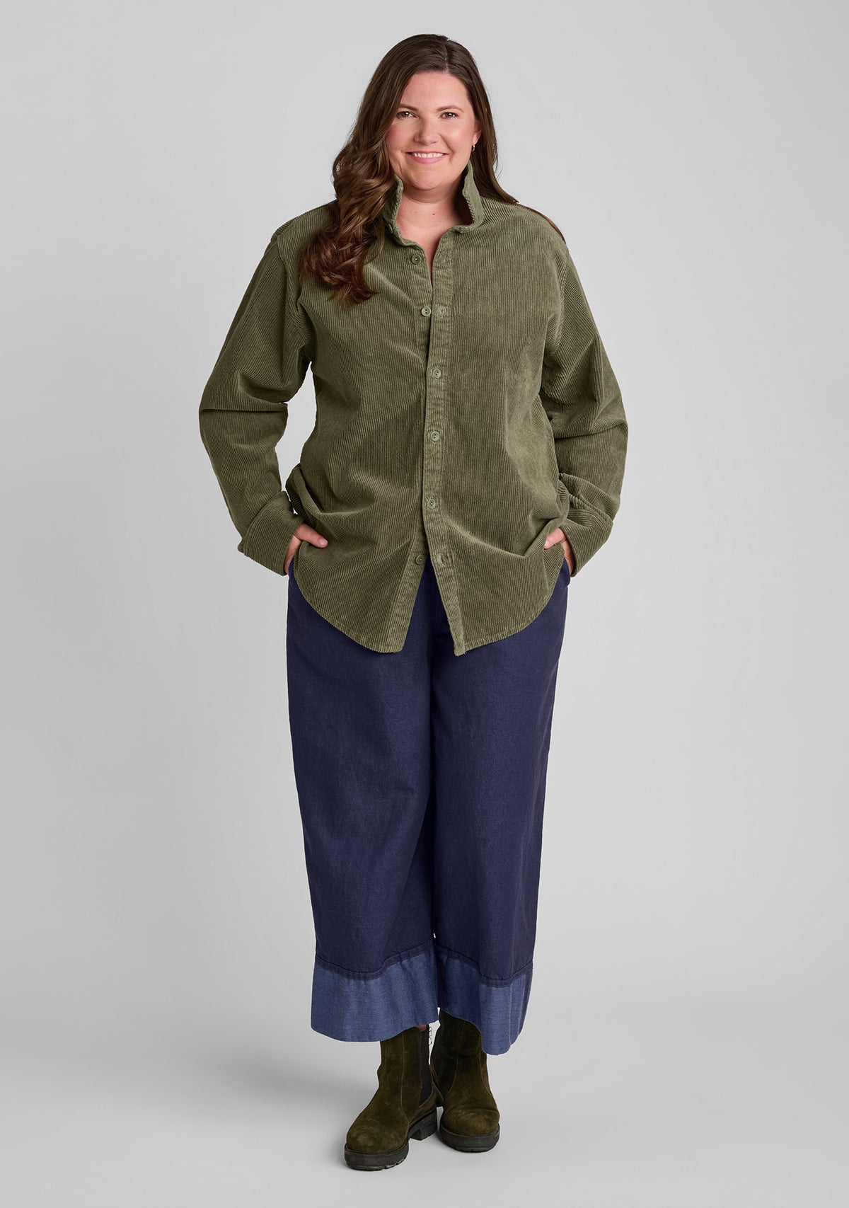 cotton blend corduroy shirt in green with wide leg denim pants in blue