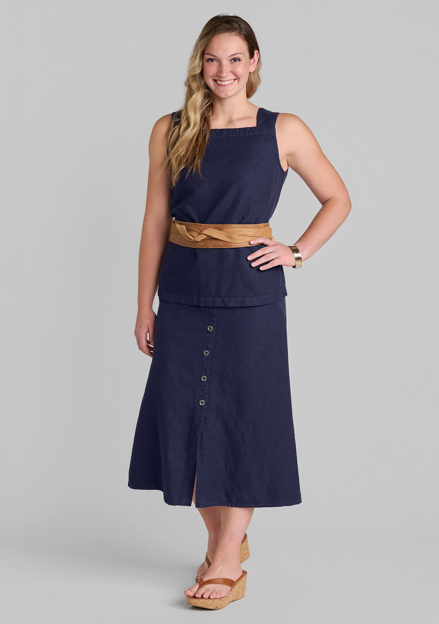 linen cotton tank in blue with linen cotton skirt in blue