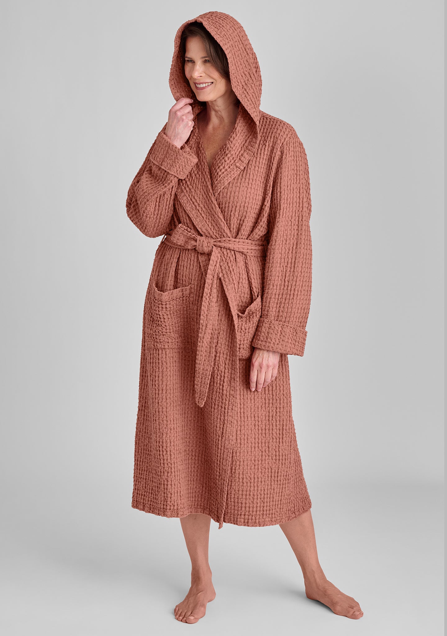 hooded wrapper linen robe details