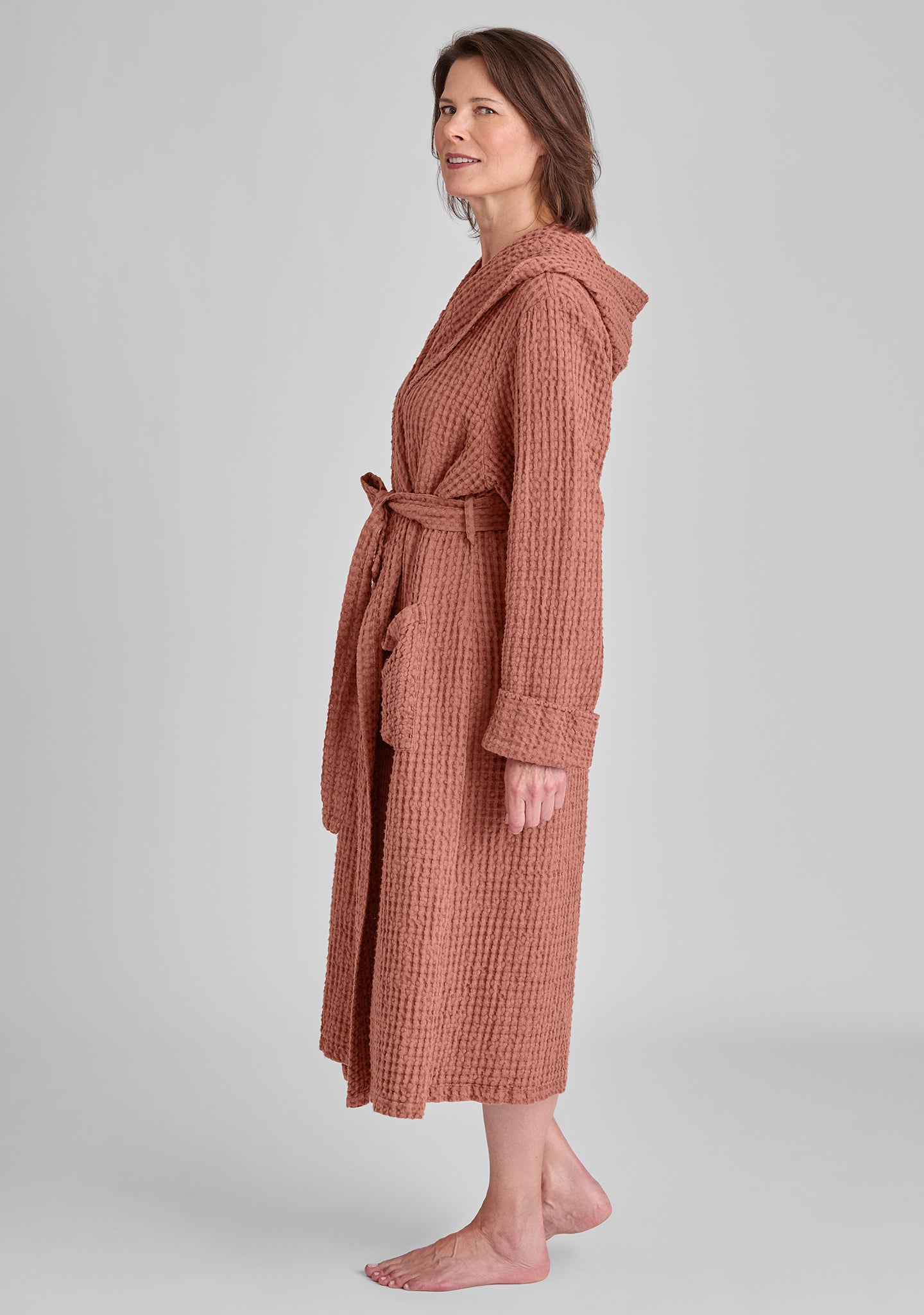 hooded wrapper linen robe details