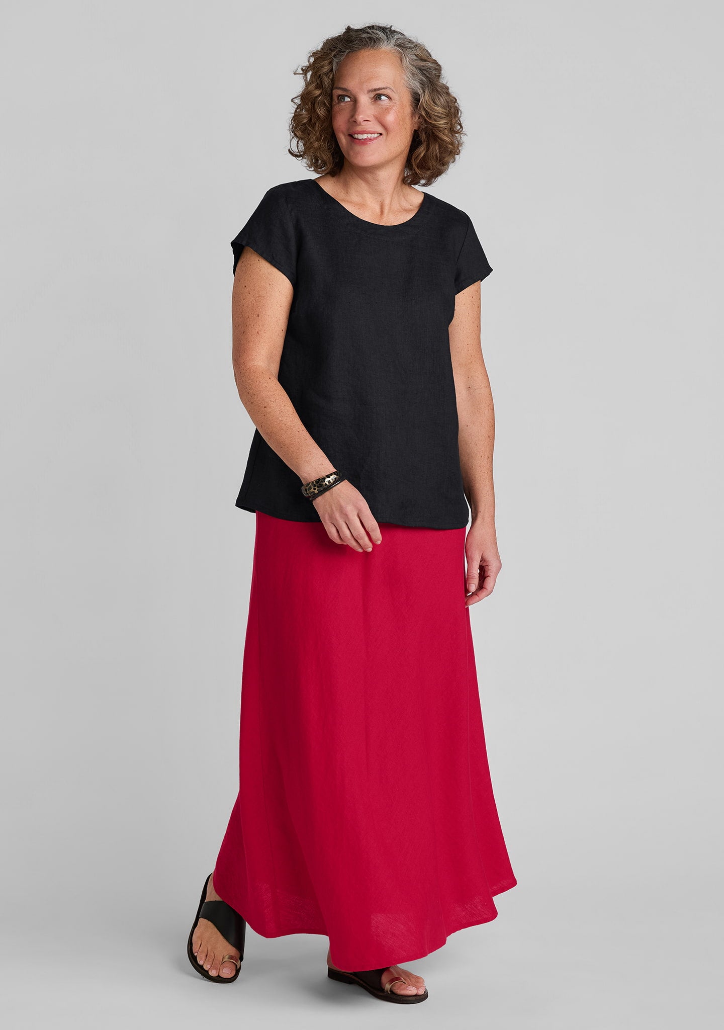 FLAX linen tee shirt in black with linen skirt in red