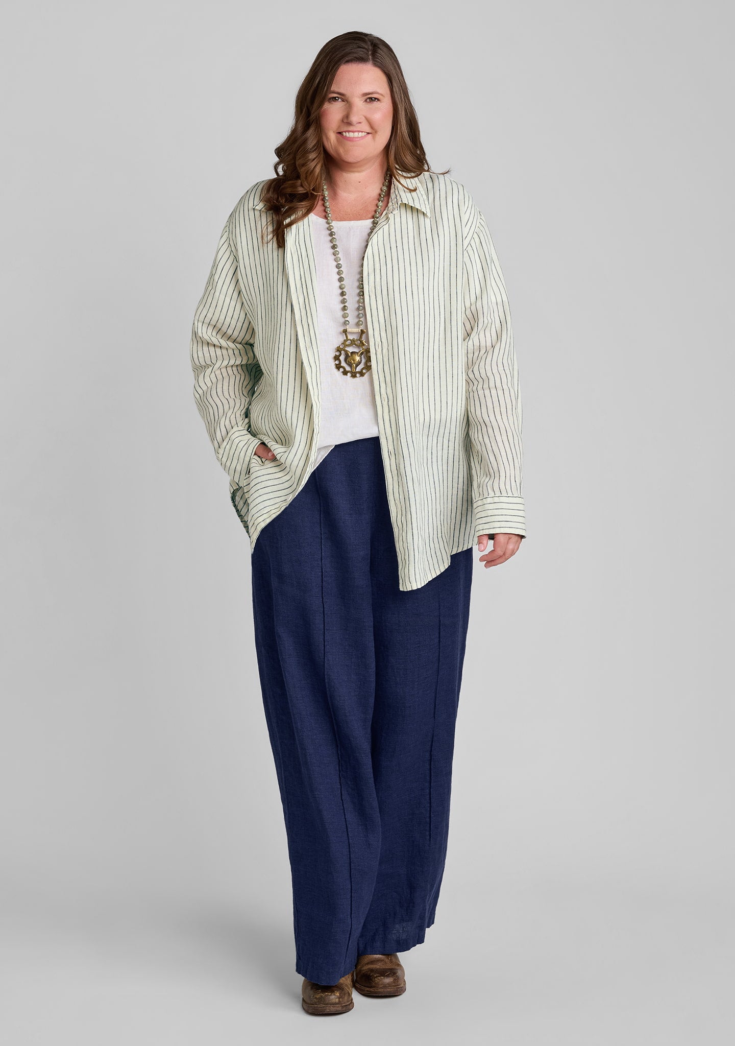 FLAX linen blouse in yellow with white linen tank and blue linen pants