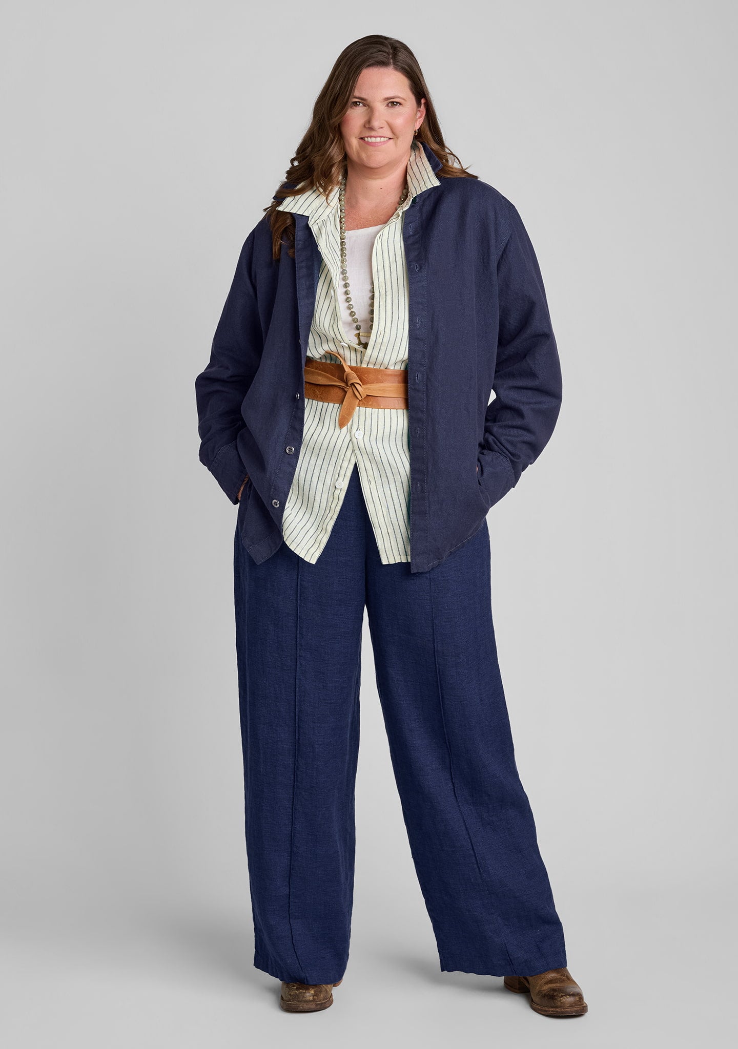 FLAX linen shirt in denim with linen shirt in yellow and linen pants in blue