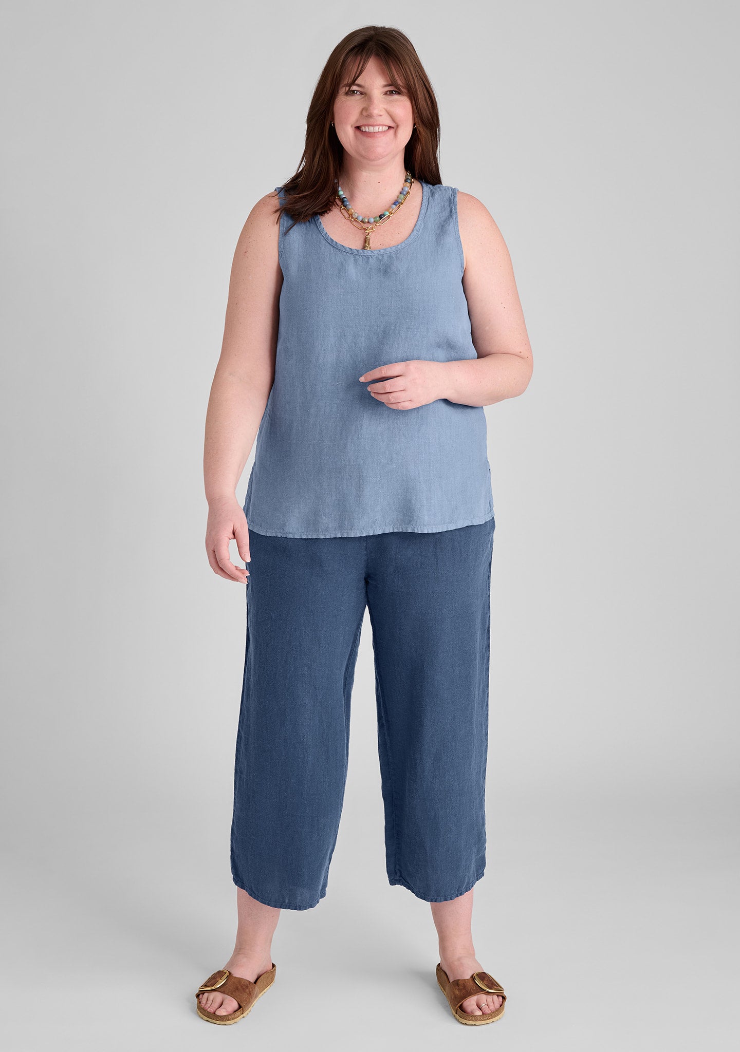 FLAX linen tank in blue and linen pants in blue