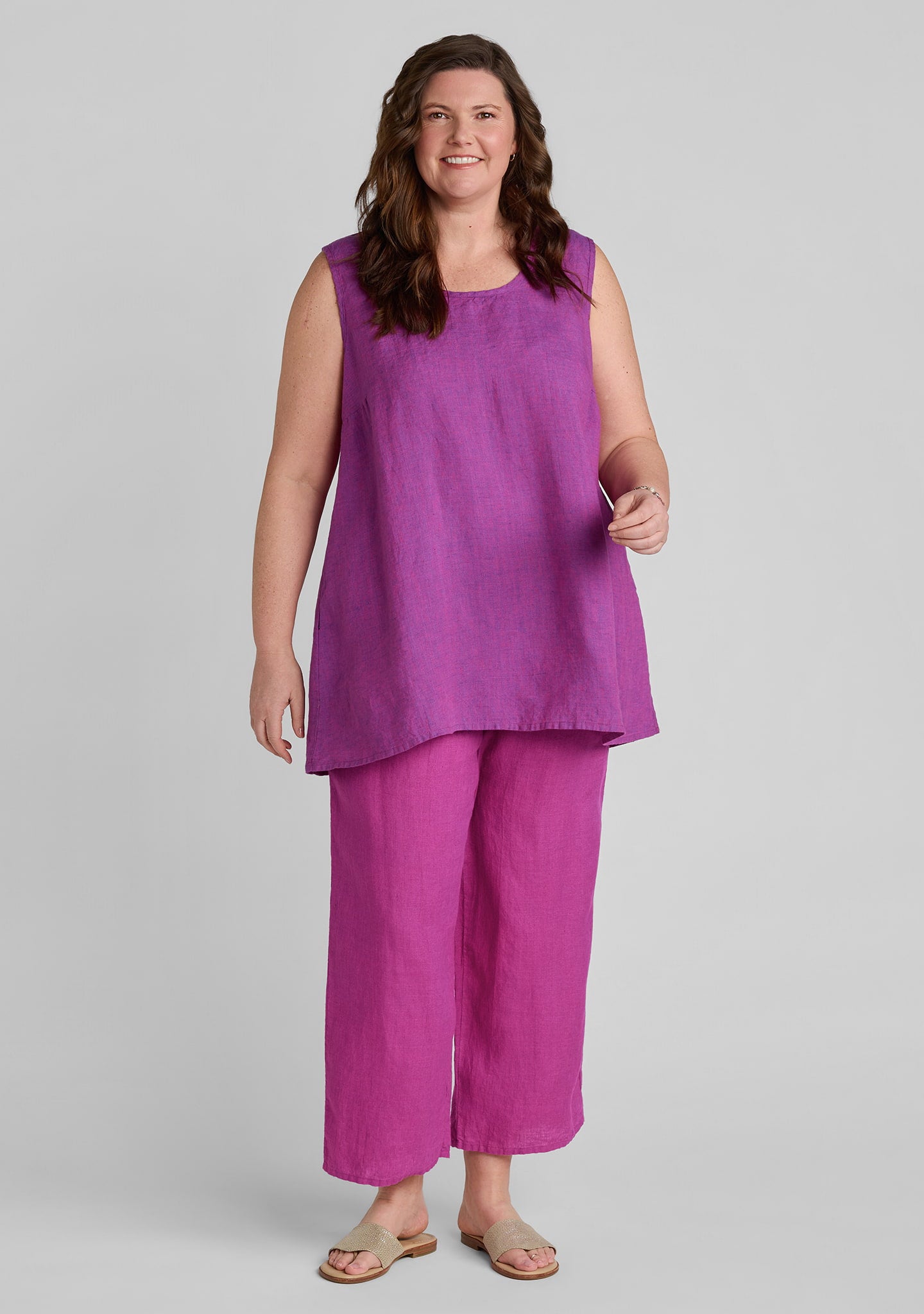 FLAX linen tank top in purple with linen pants in pink